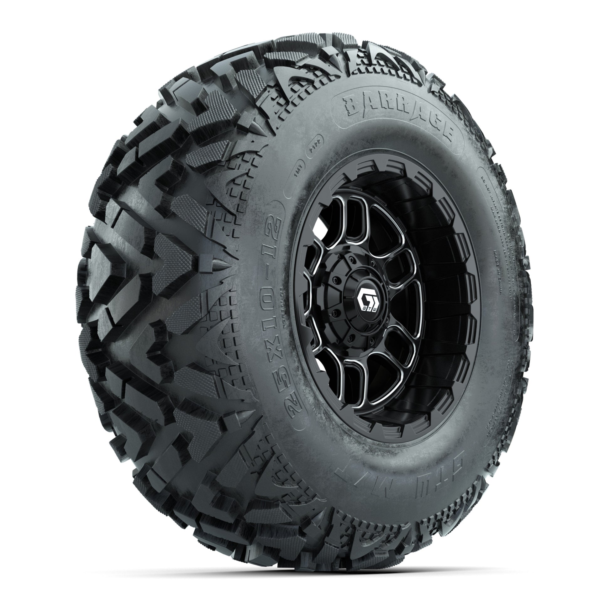 GTW® Titan Black/Machined 12 in Wheels with 25X10-12 Barrage Mud Tires – Full Set