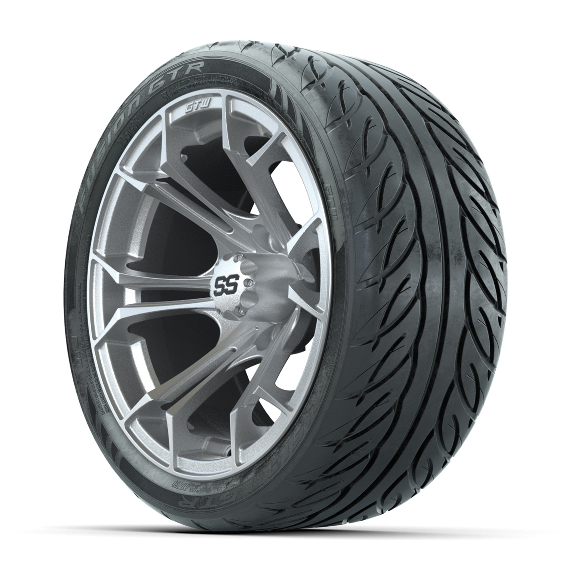 GTW® Spyder Silver Brush 14 in Wheels with 205/40-R14 Fusion - 3/4 view