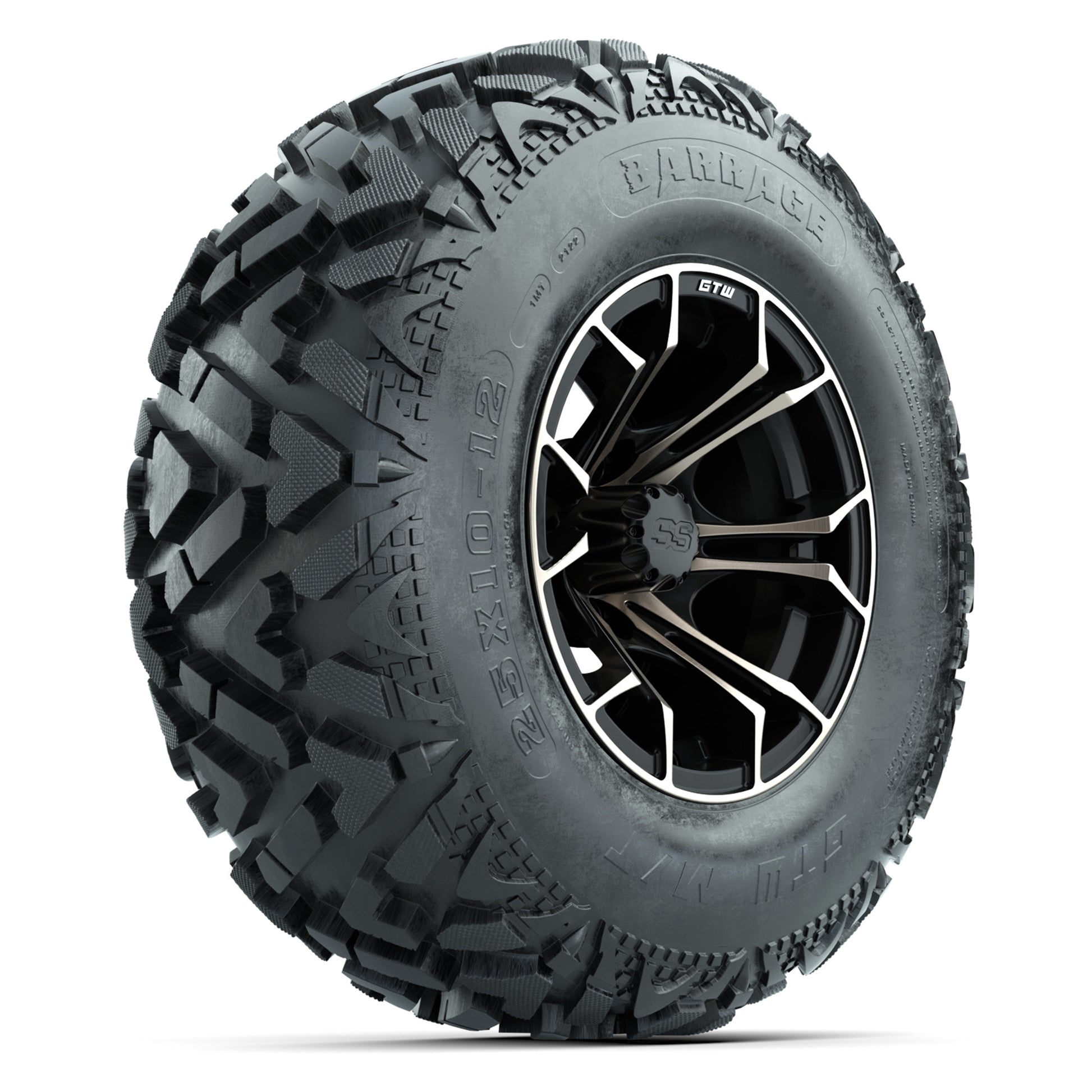 GTW® Spyder Matte Black/Bronze 12 in Wheels with 25X10-12 Barrage Mud Tires – Full Set