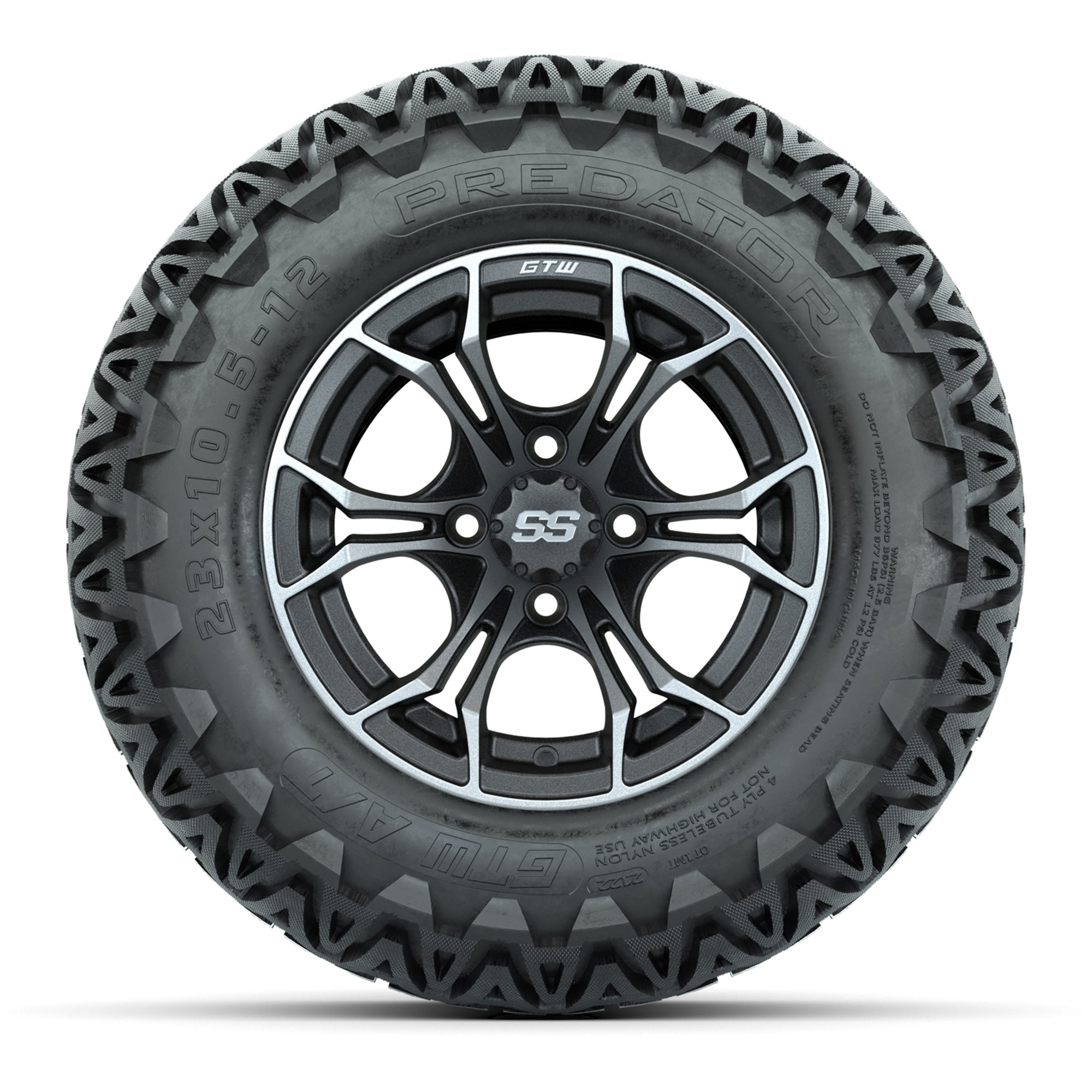 GTW® Spyder Matte Gray/Machined 12 in Wheels with 23X10.5-12 Predator All-Terrain Tires – Full Set