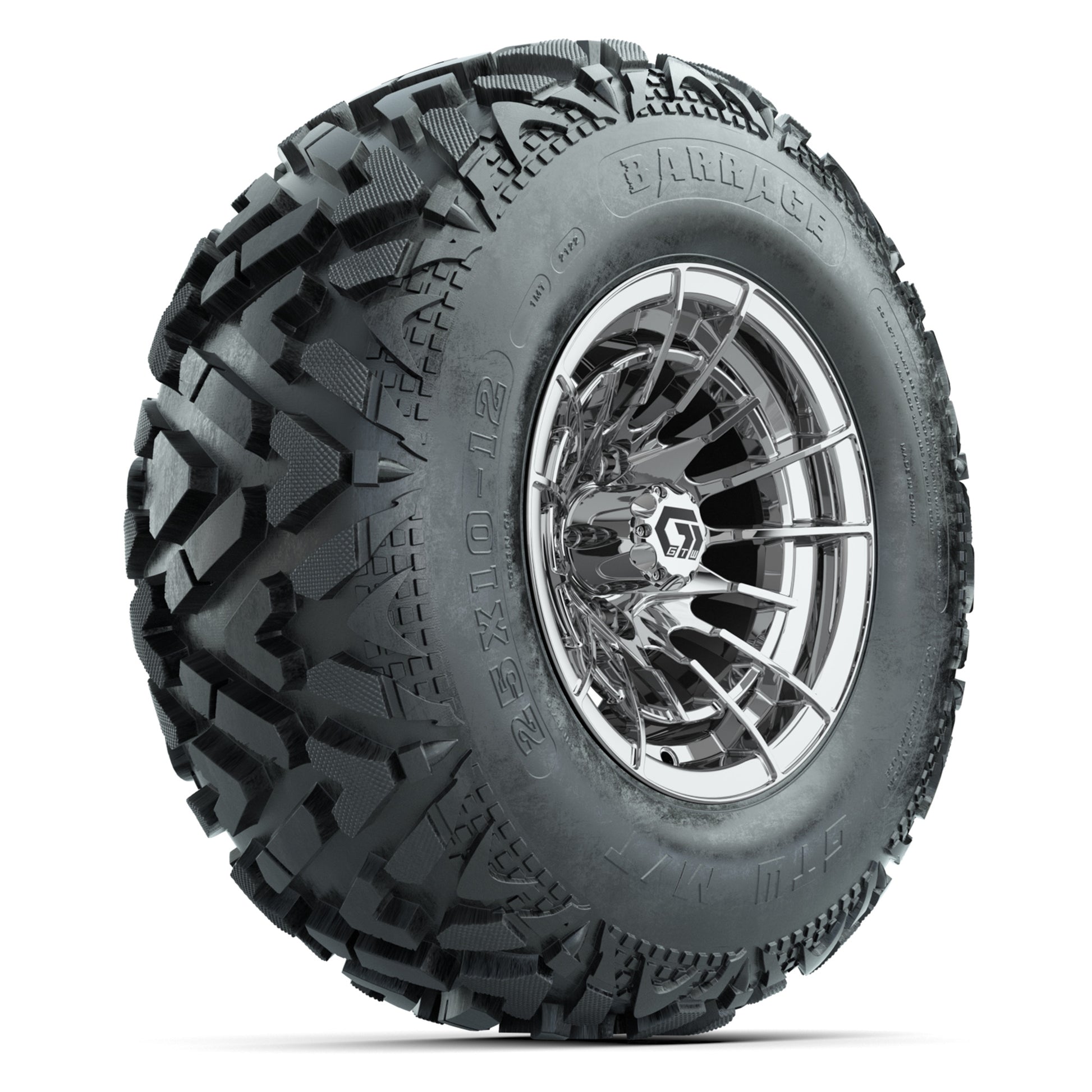 GTW® Boost Chrome 12 in Wheels with 25X10-12 Barrage Mud Tires – Full Set