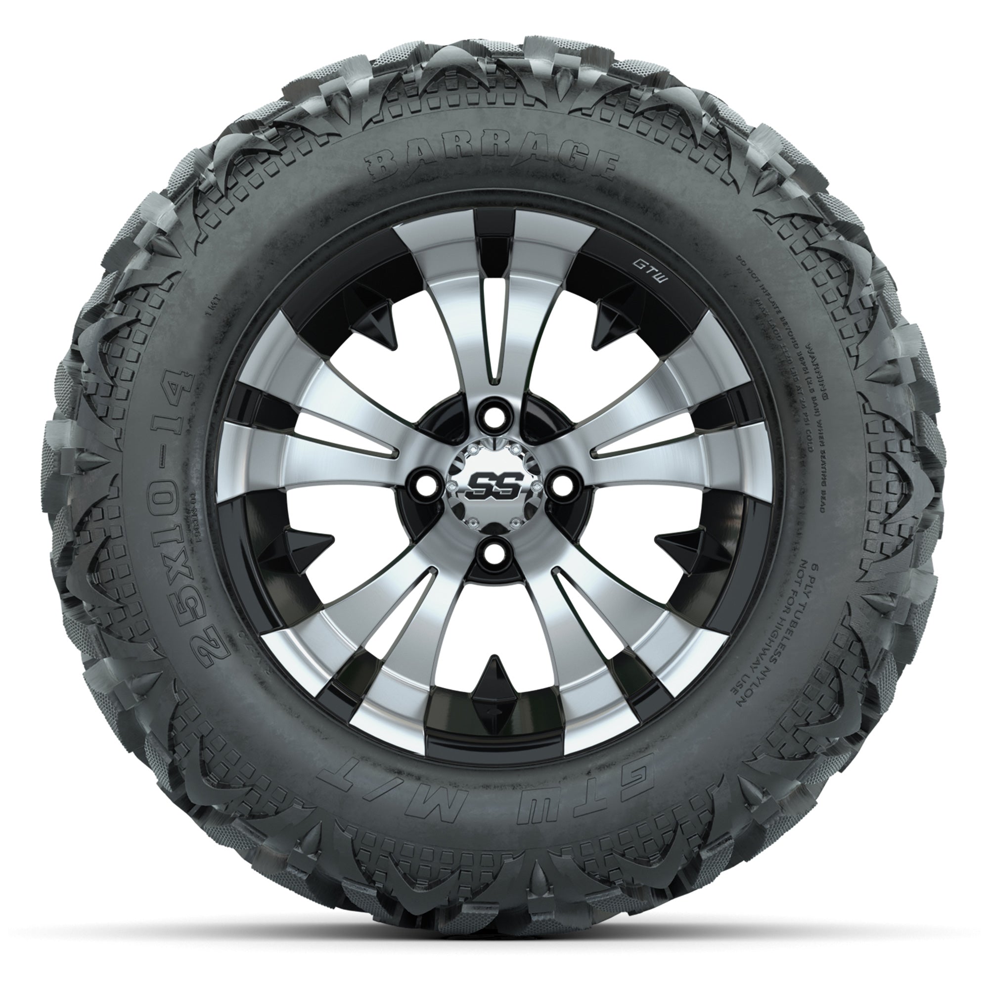 GTW Vampire Black/Machined 14 in Wheels with 25x10-14 Barrag - 3/4 view