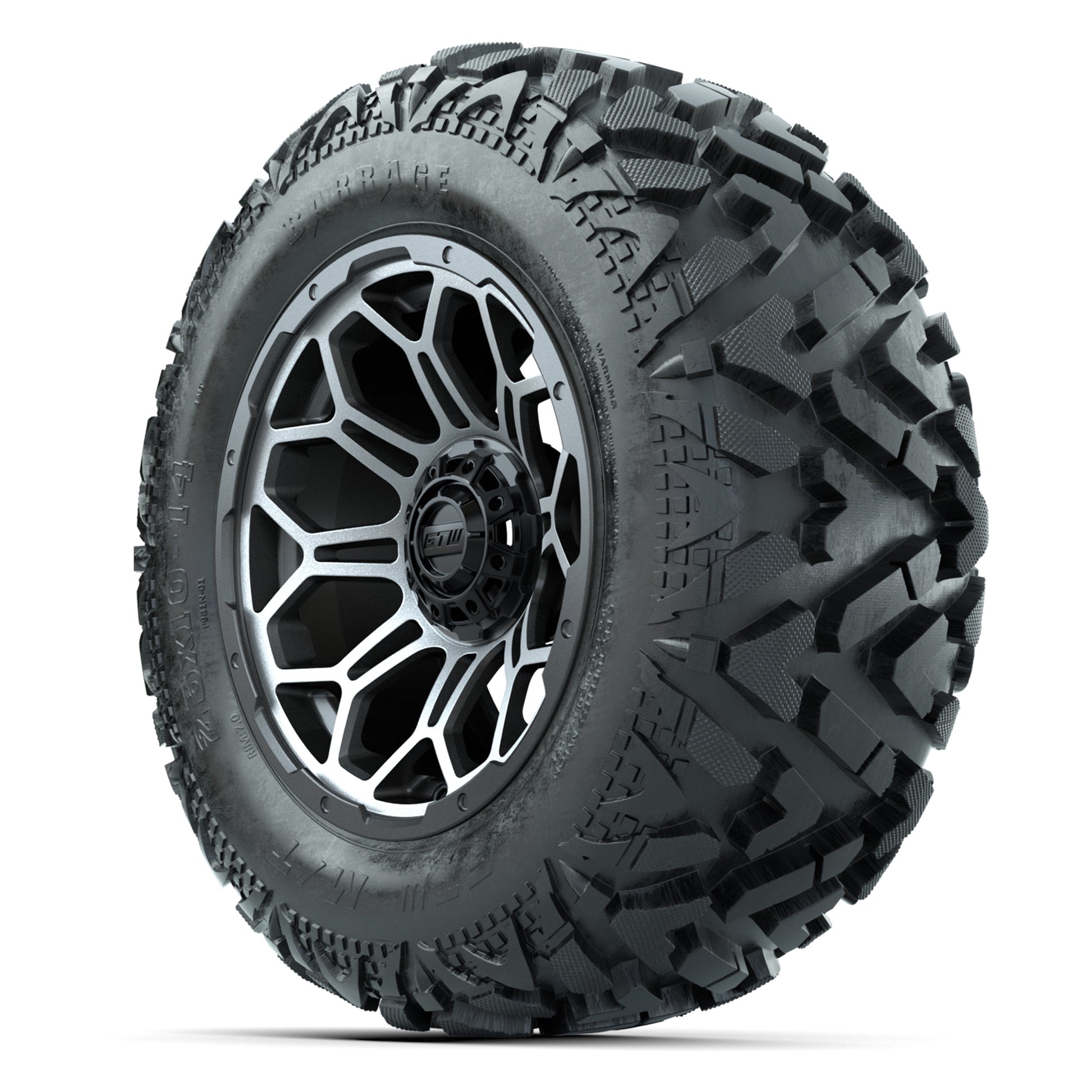 GTW Bravo Matte Gray/Machined 14 in Wheels with 25x10-14 Bar - 3/4 view