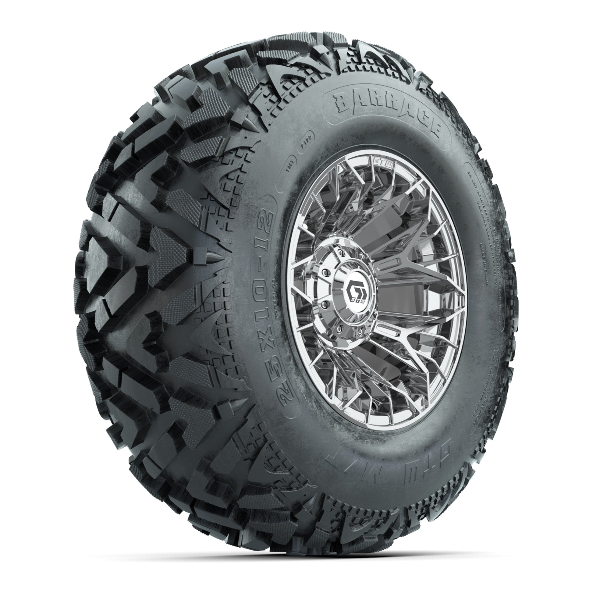 GTW® Stellar Chrome 12 in Wheels with 25X10-12 Barrage Mud Tires – Full Set