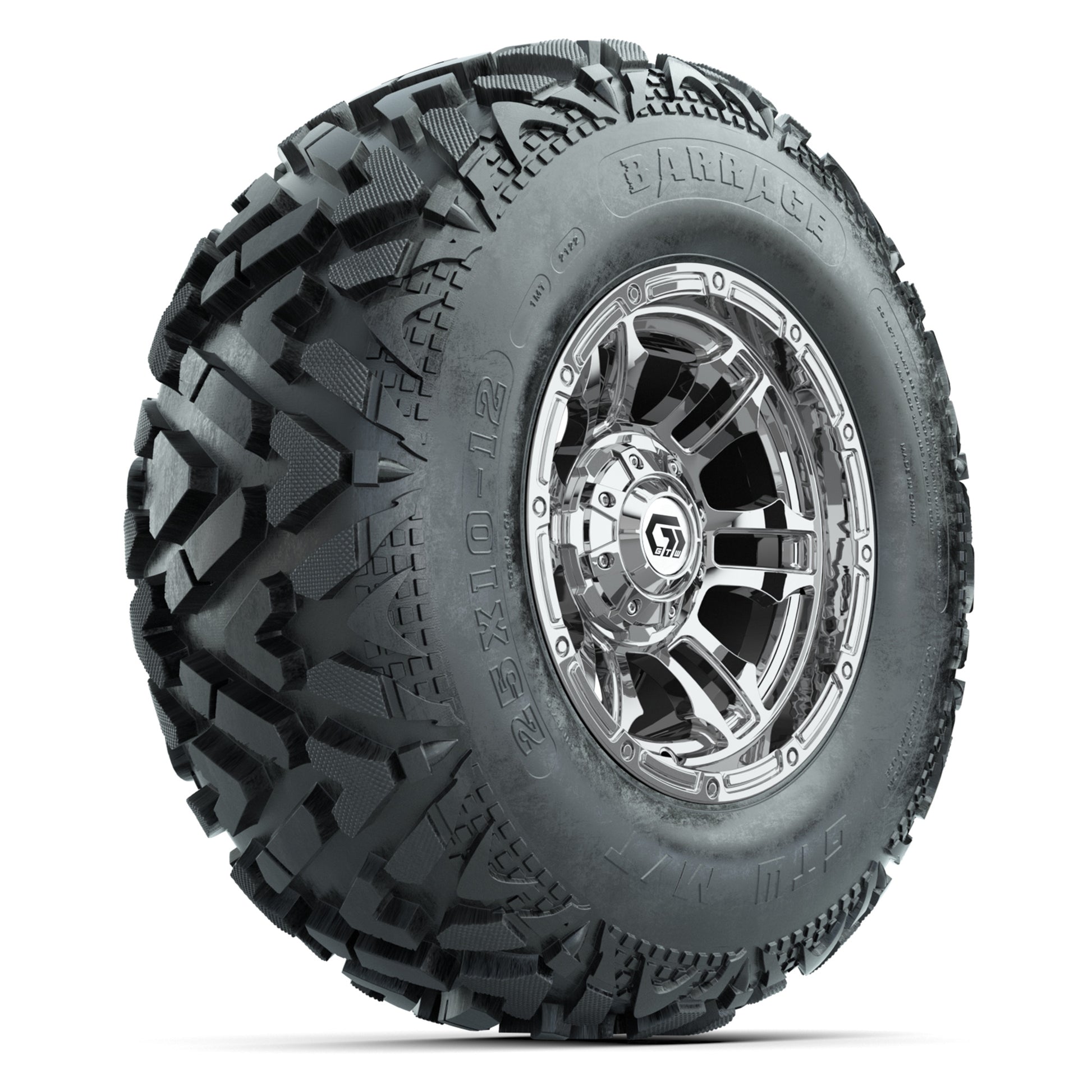 GTW® Shogun Chrome 12 in Wheels with 25X10-12 Barrage Mud Tires – Full Set