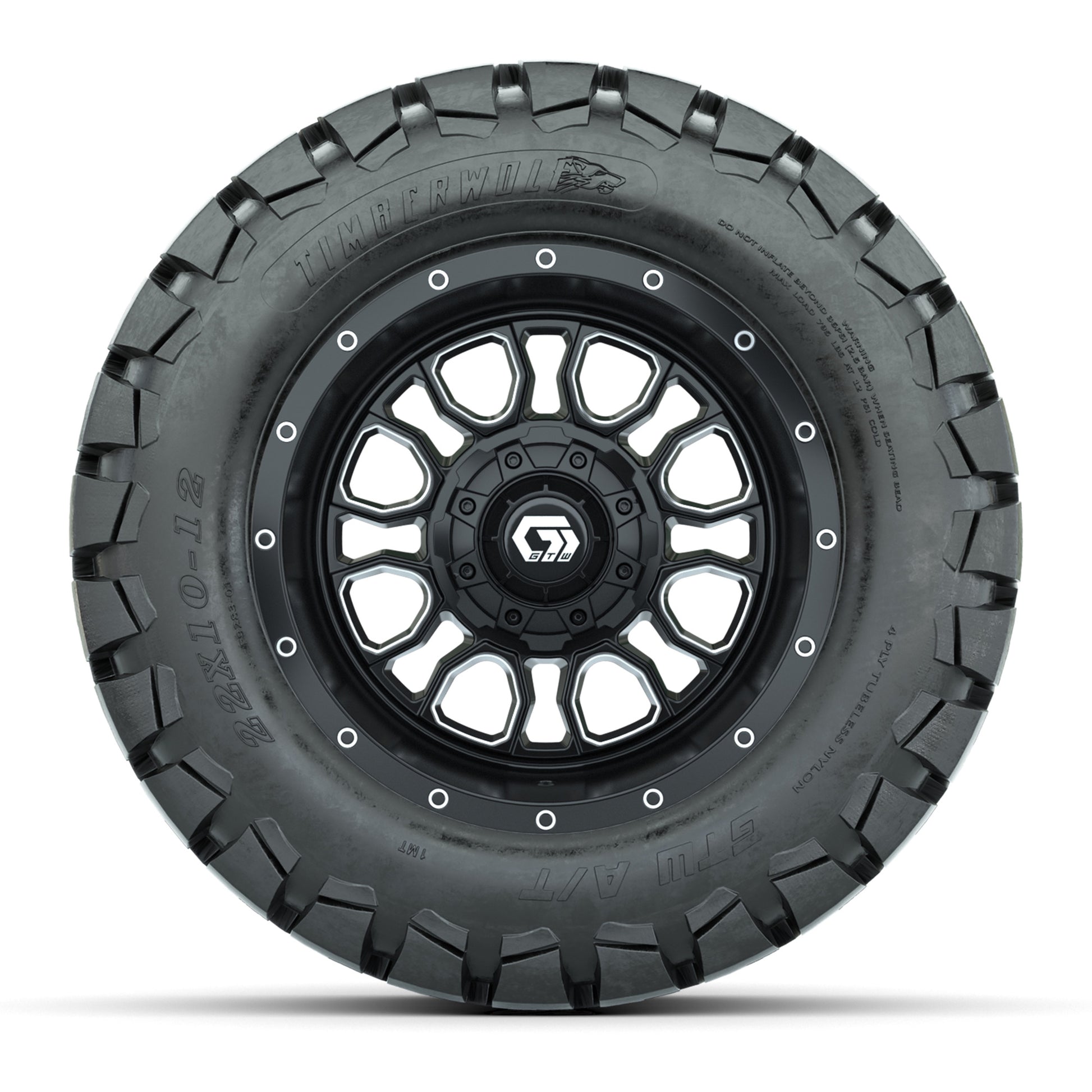 GTW® Volt Black/Machined 12 in Wheels with 22X10-12 Timberwolf All-Terrain Tires – Full Set