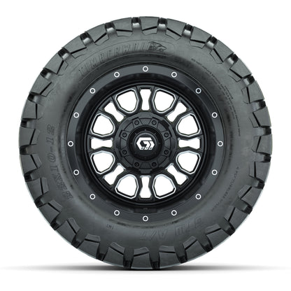GTW® Volt Black/Machined 12 in Wheels with 22X10-12 Timberwolf All-Terrain Tires – Full Set