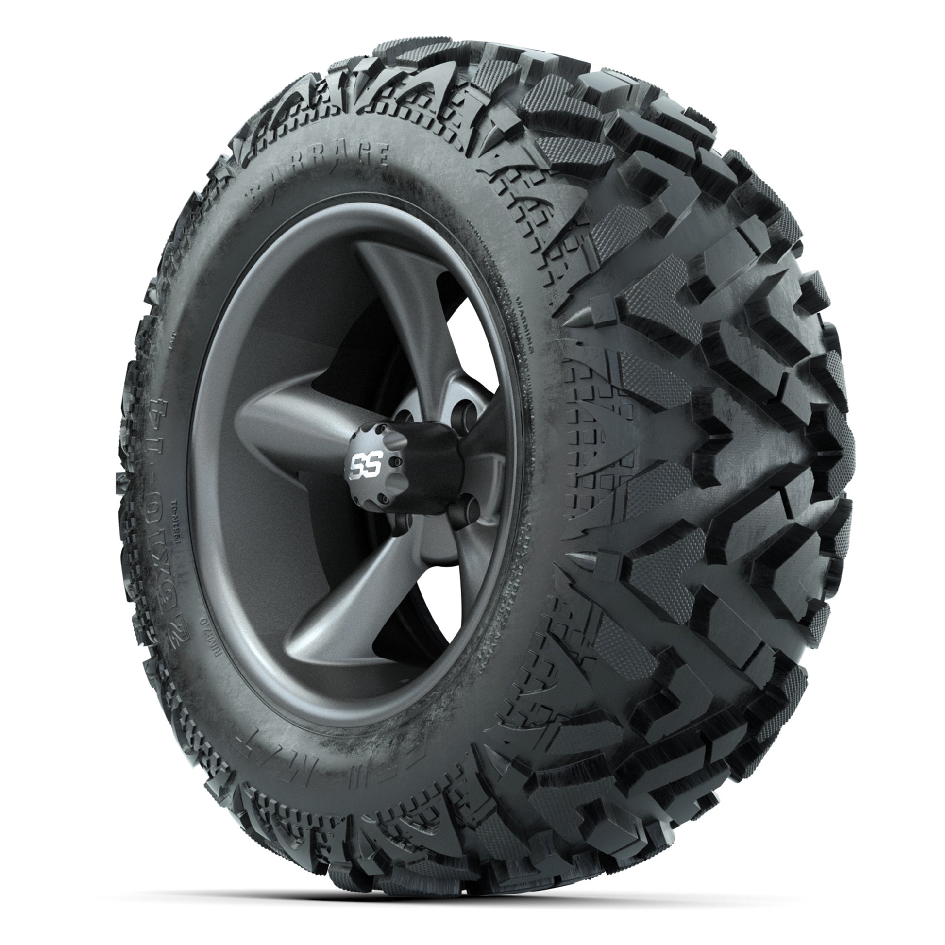 GTW Godfather Matte Gray 14 in Wheels with 25x10-14 Barrage  - 3/4 view