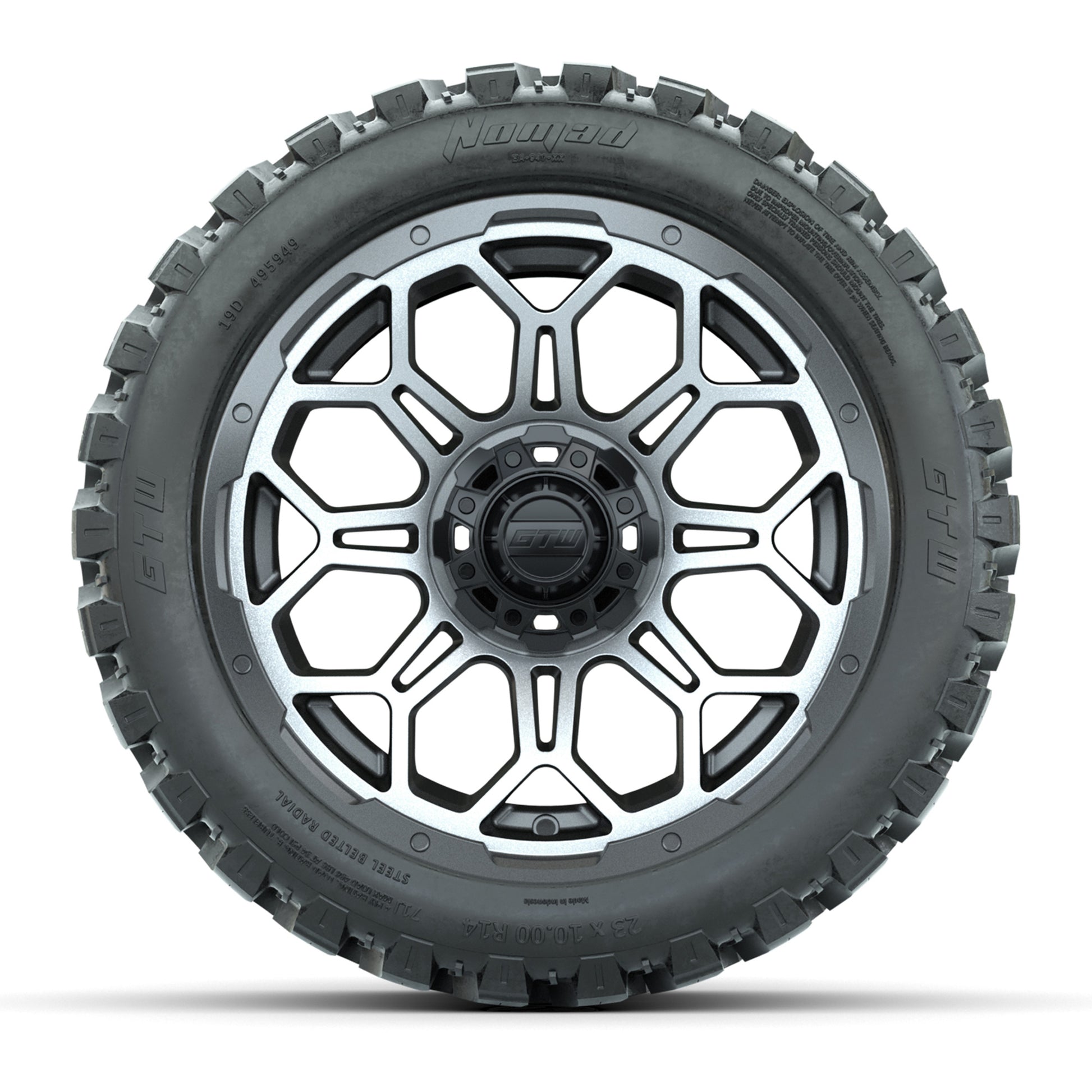 Set of (4) 14 in GTW Bravo Wheels with 23x10-14 GTW Nomad Al - front view