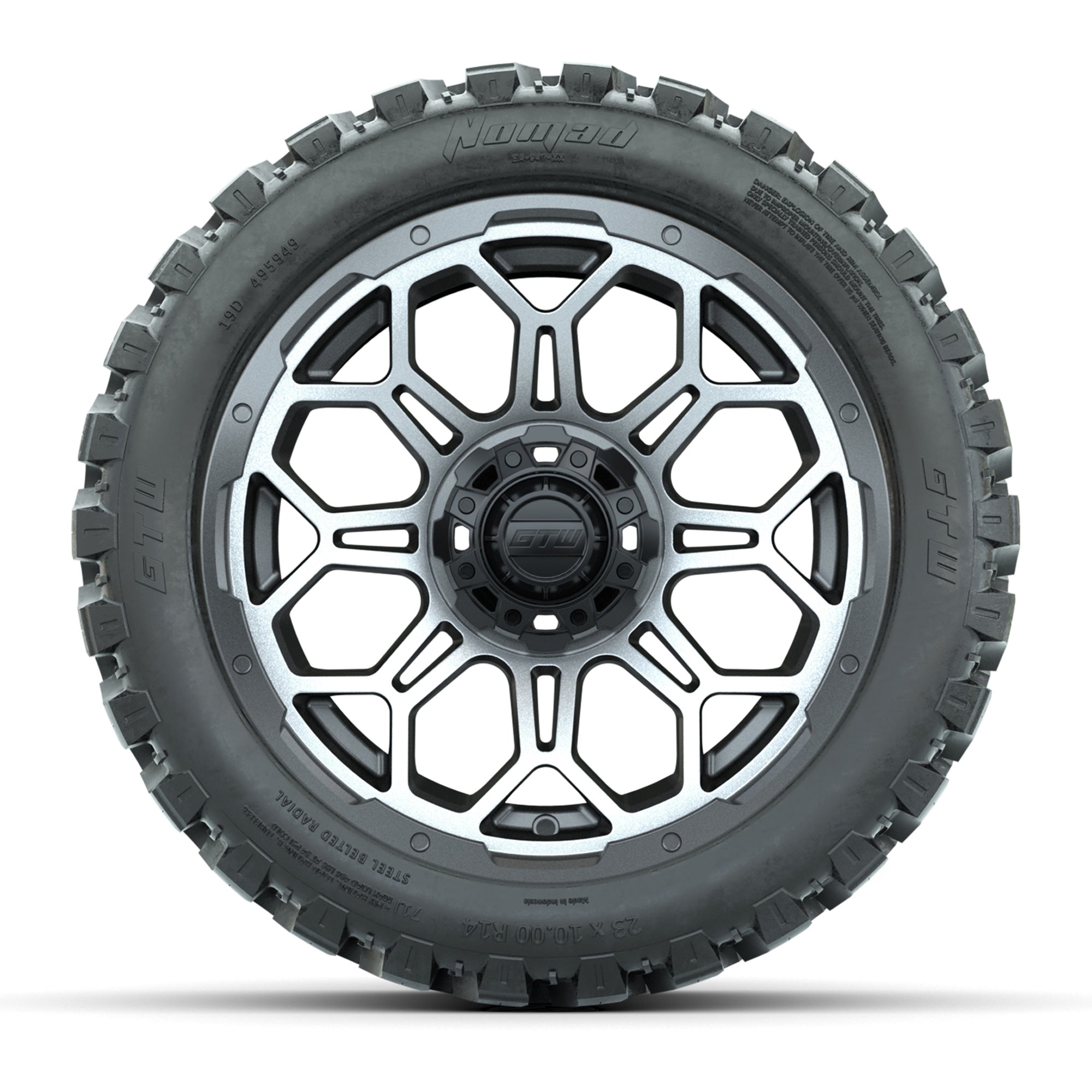 Set of (4) 14 in GTW Bravo Wheels with 23x10-14 GTW Nomad Al - 3/4 view