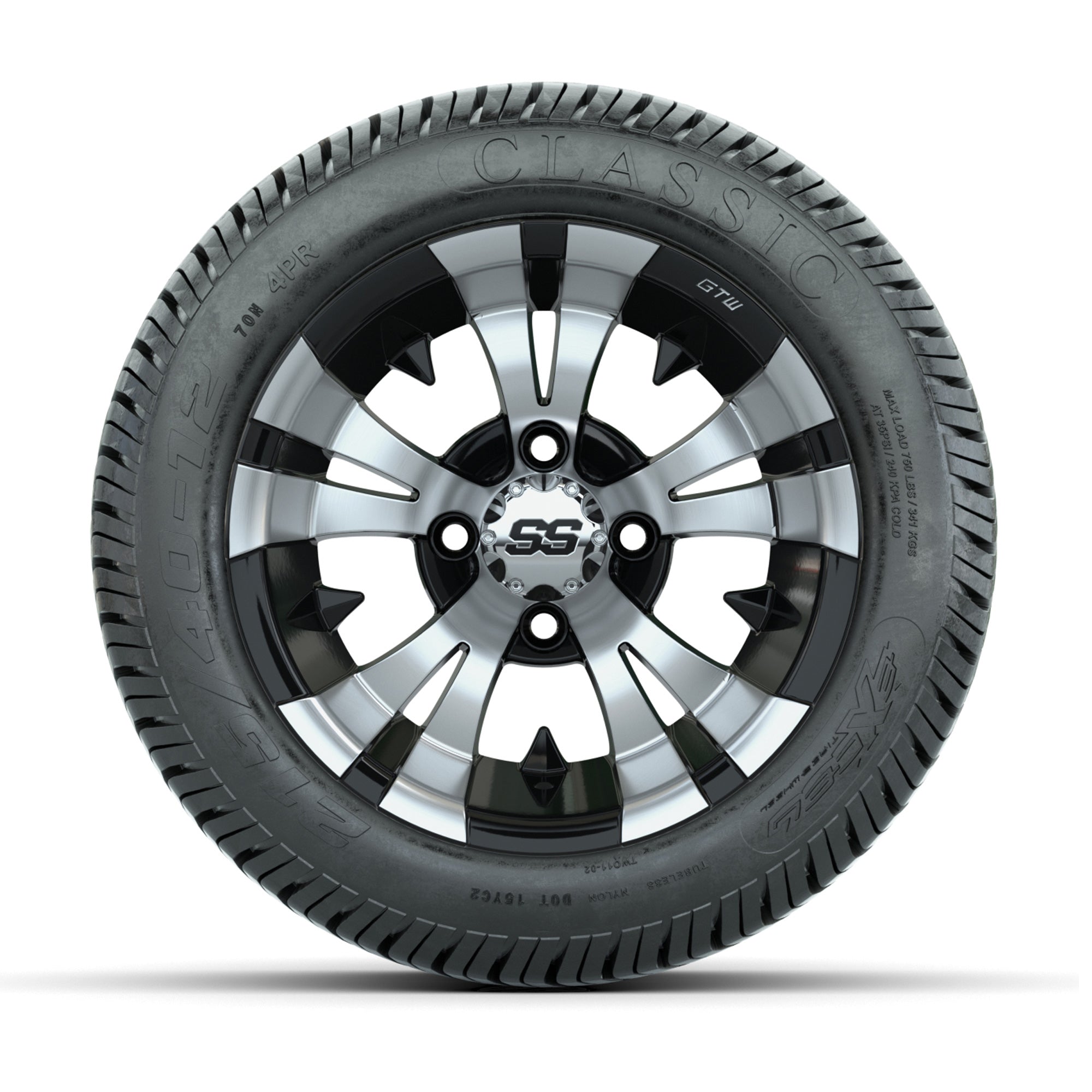 12" GTW Vampire Black and Machined Wheels with Excel Lo-Pro Street Tires – Set of 4