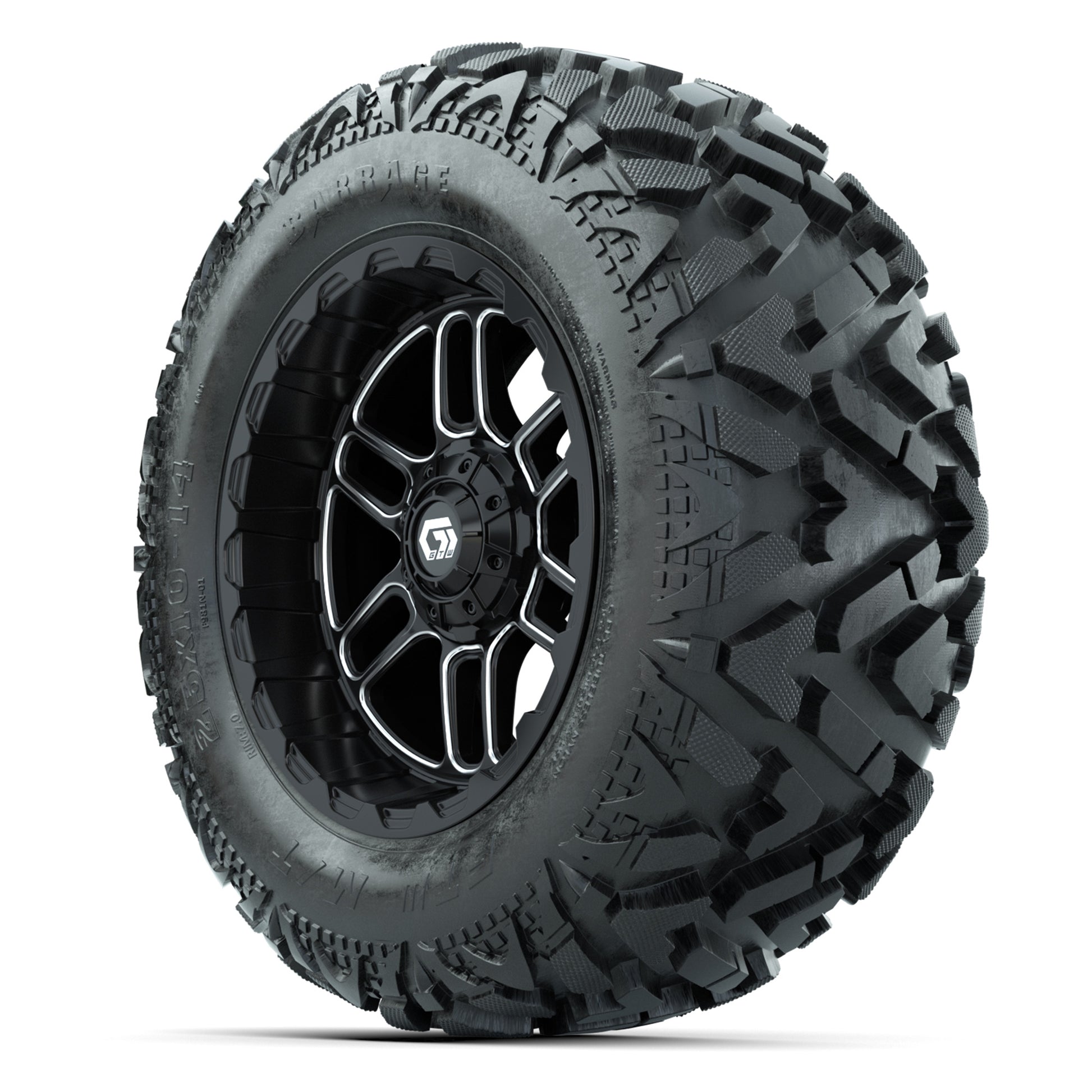 GTW Titan Black/Machined 14 in Wheels with 25x10-14 Barrage  - 3/4 view