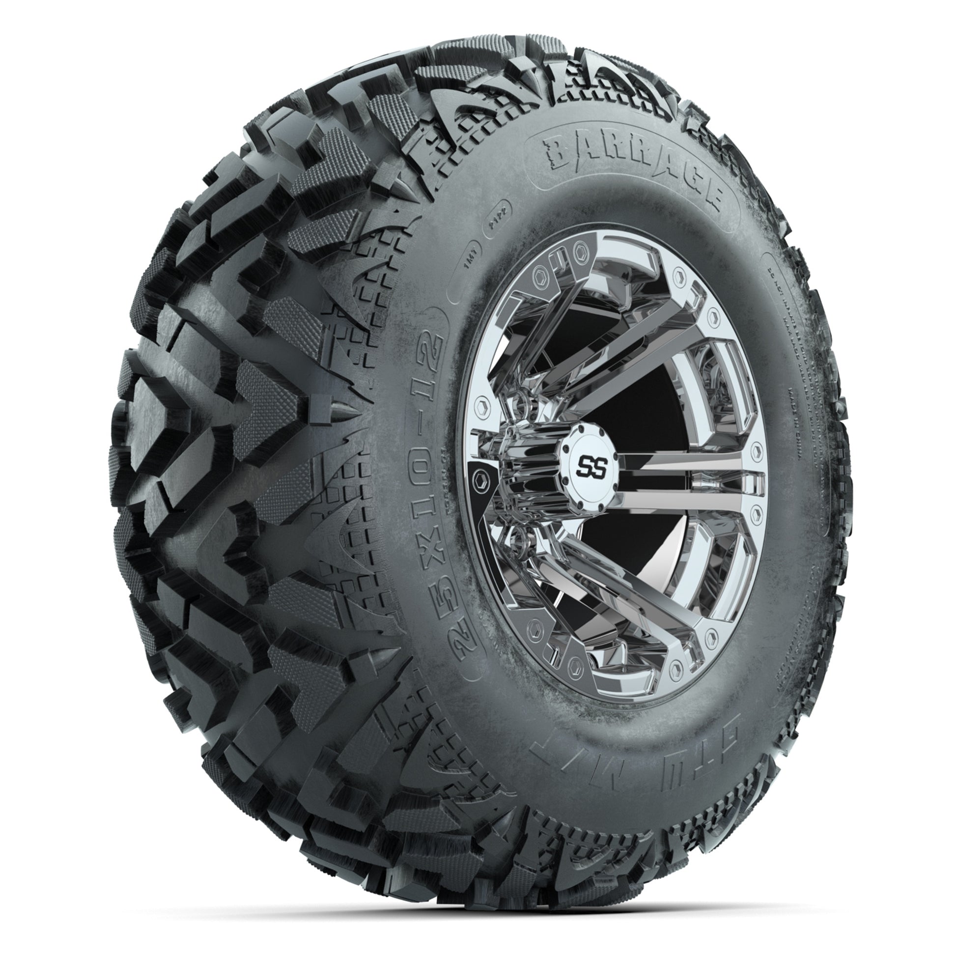 GTW® Specter Chrome 12 in Wheels with 25X10-12 Barrage Mud Tires – Full Set