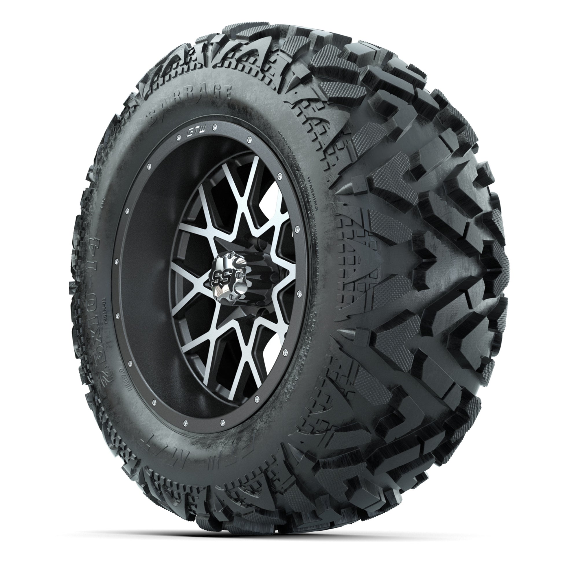 GTW Vortex Matte Gray/Machined 14 in Wheels with 25x10-14 Ba - 3/4 view