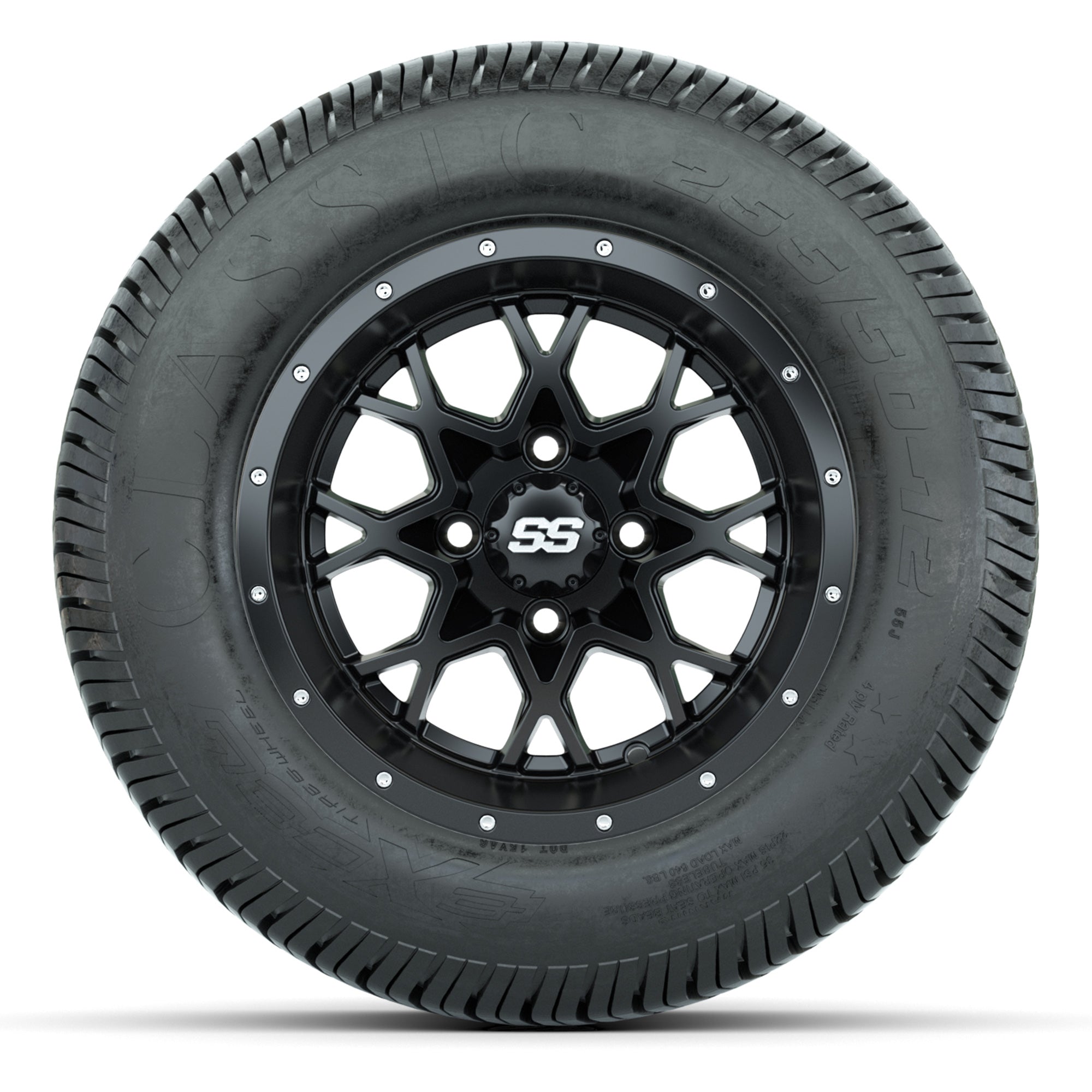 GTW® Vortex 2 Matte Black/Machined 12 in Wheels with 255/50-12 Excel Classic Street Tires – Full Set