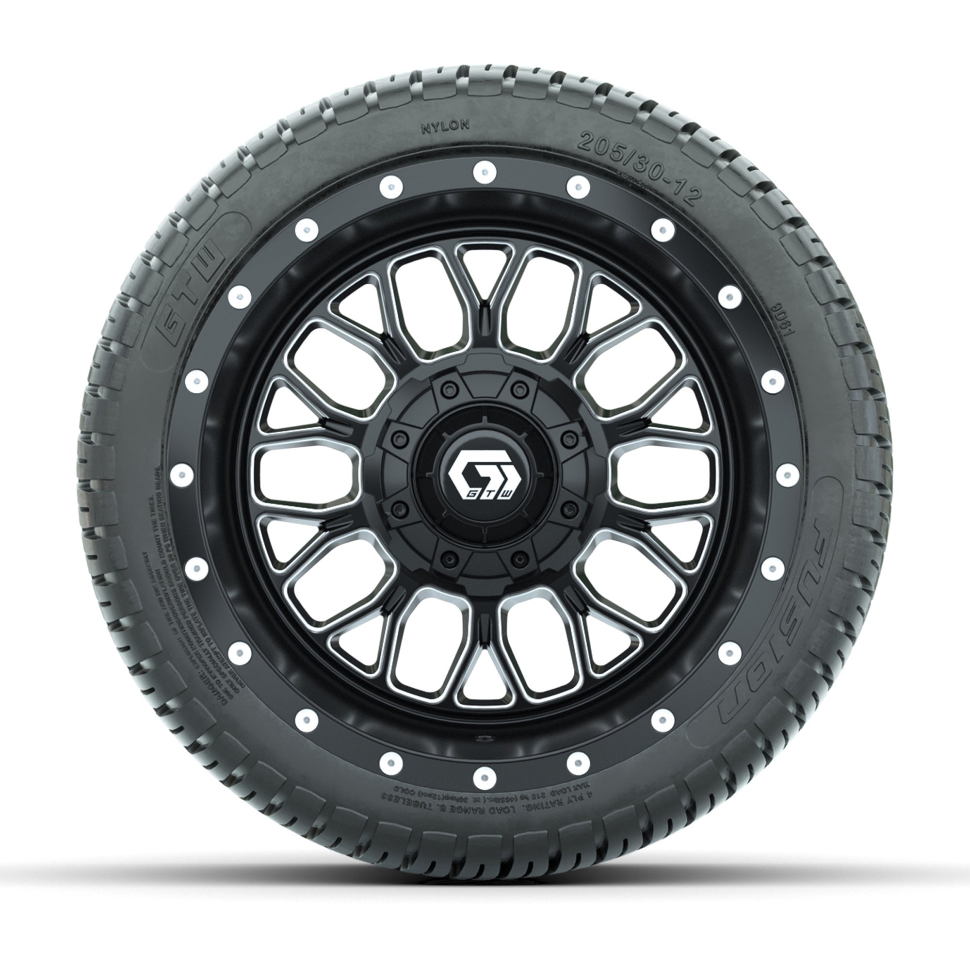 GTW® Helix Black/Machined 12 in Wheels with 205/30-12 Fusion Street Tires – Full Set