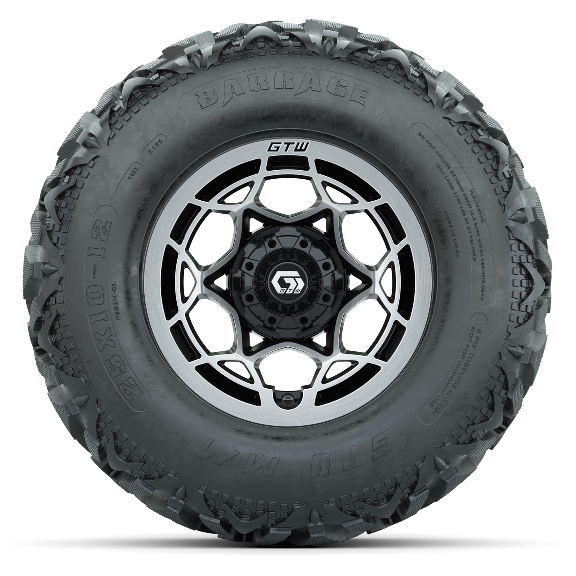 GTW® Nexus Black/Silver 12 in Wheels with 25X10-12 Barrage Mud Tires – Full Set