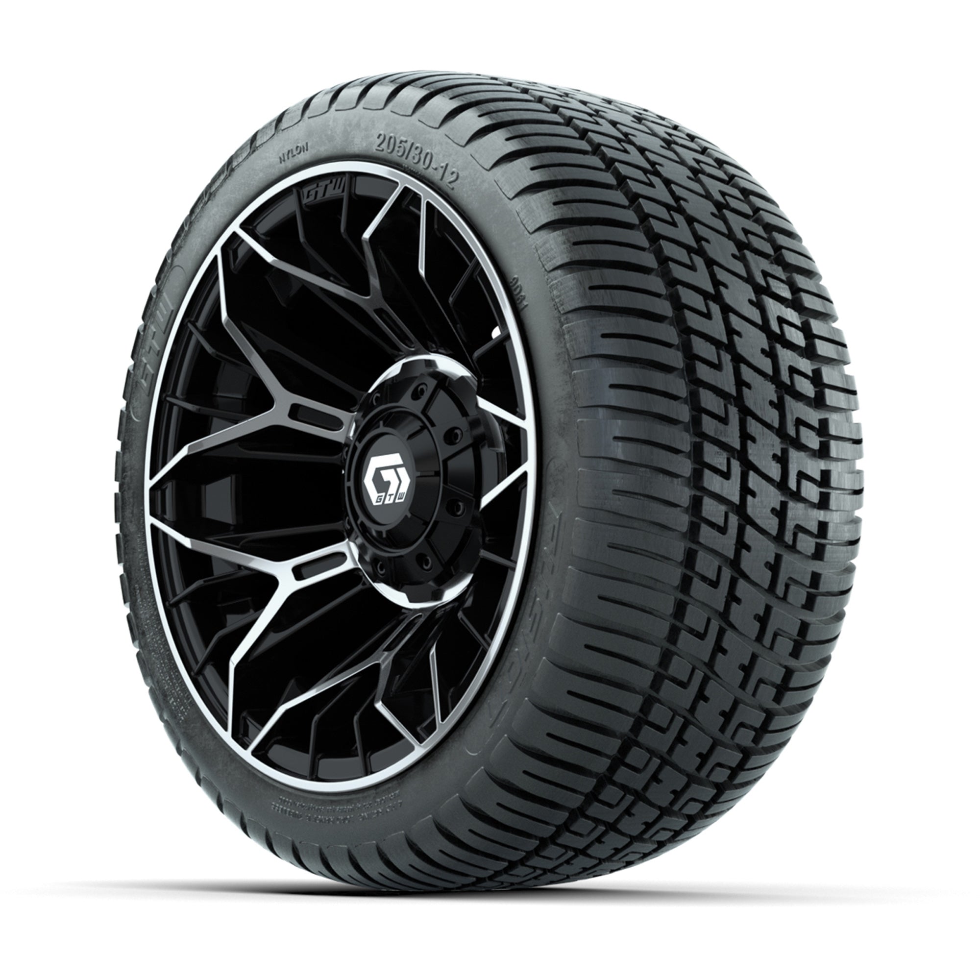 GTW® Stellar Black/Machined 12 in Wheels with 205/30-12 Fusion Street Tires – Full Set