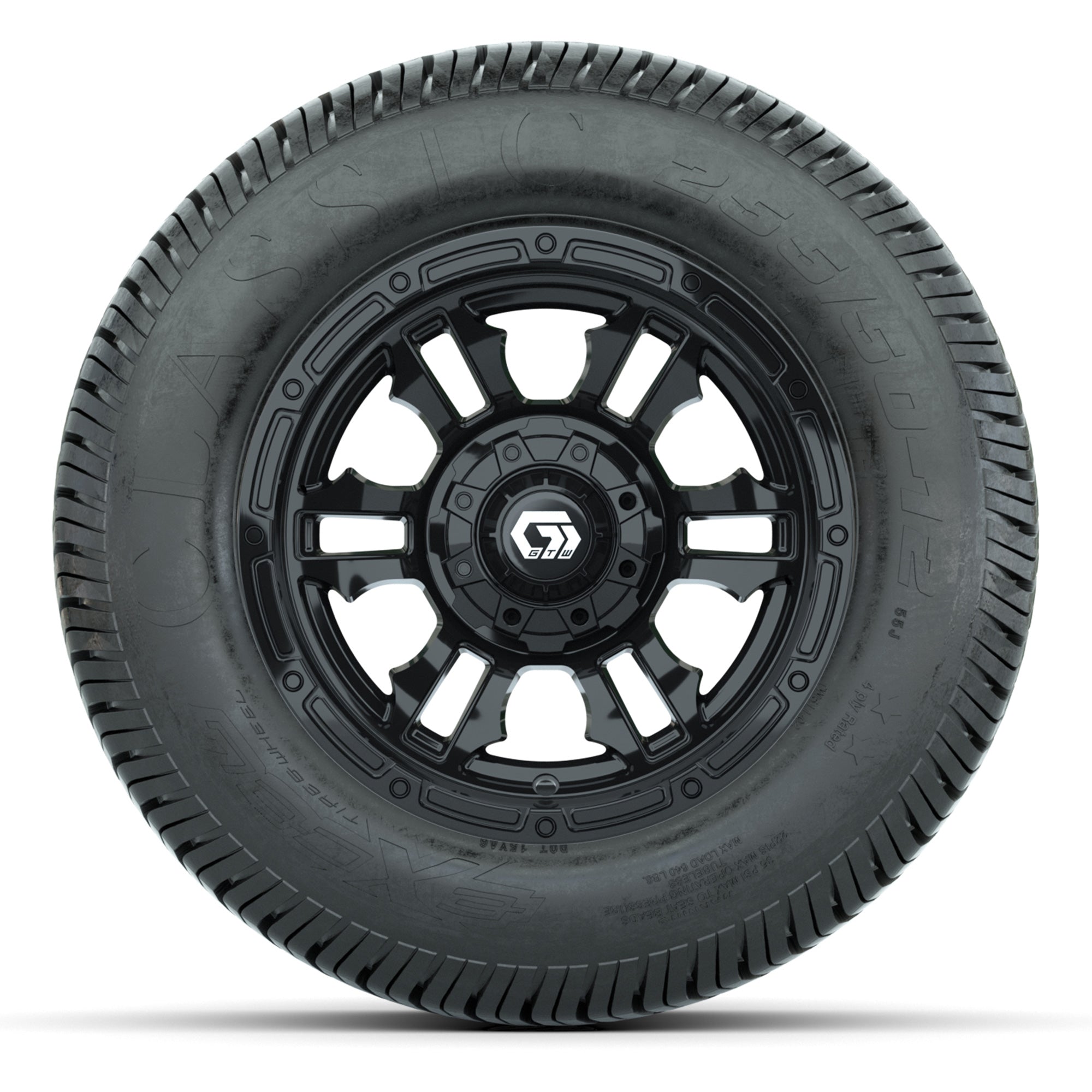 GTW® Shogun Gloss Black 12 in Wheels with 255/50-12 Excel Classic Street Tires – Full Set