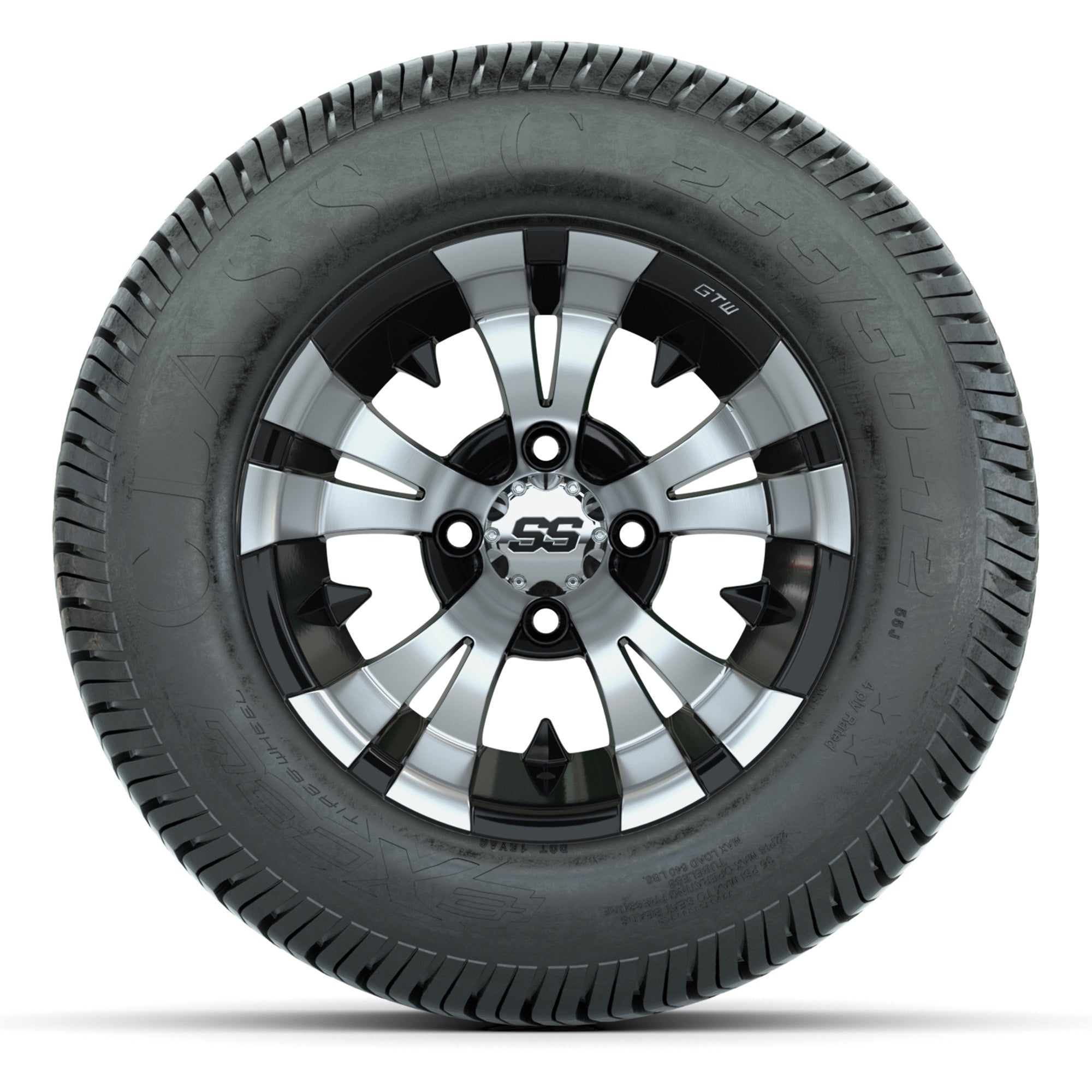 GTW® Vampire Black/Machined 12 in Wheels with 255/50-12 Excel Classic Street Tires – Full Set