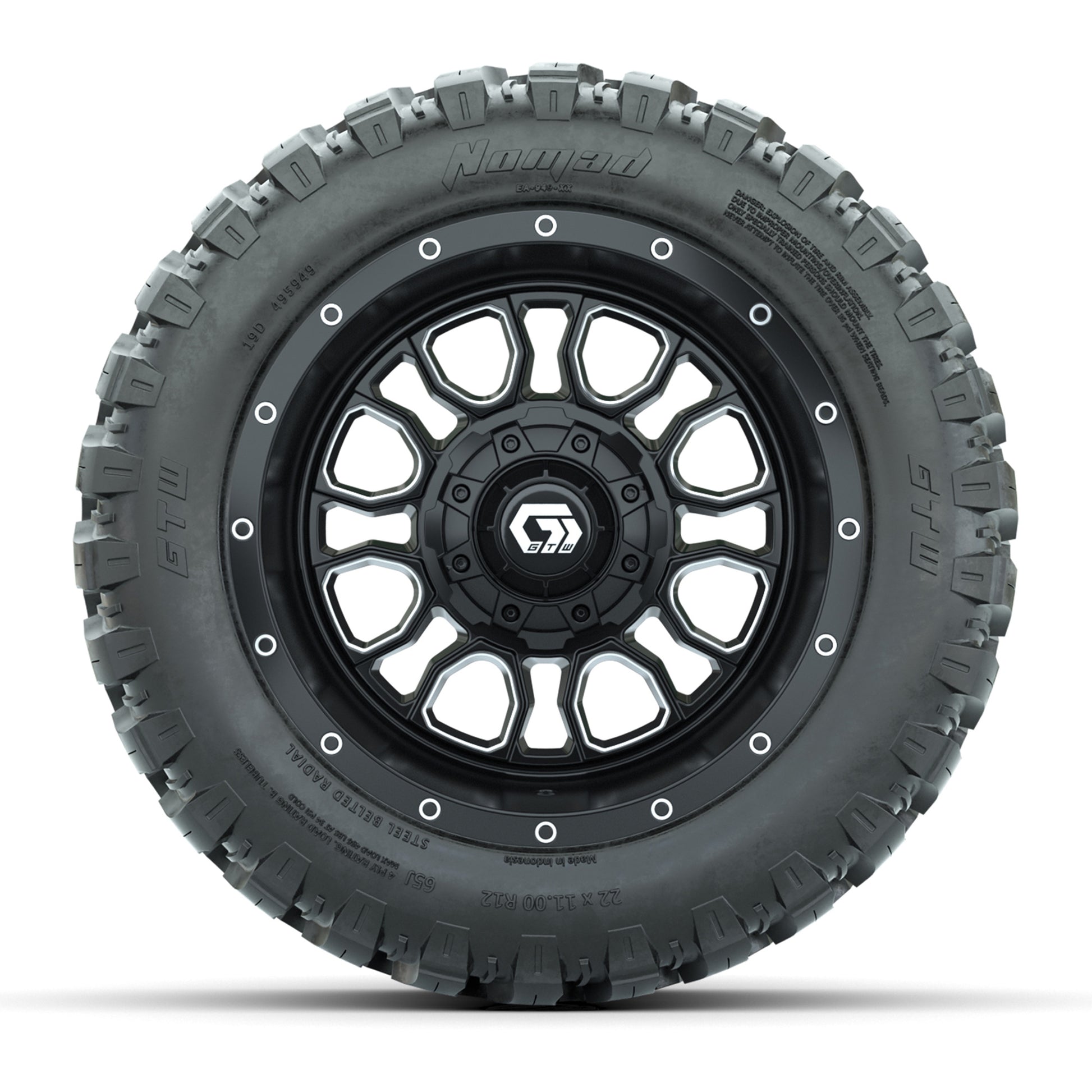 Set of (4) 12 in GTW® Volt Machined & Black Wheels with 22x11-R12 Nomad All-Terrain Tires