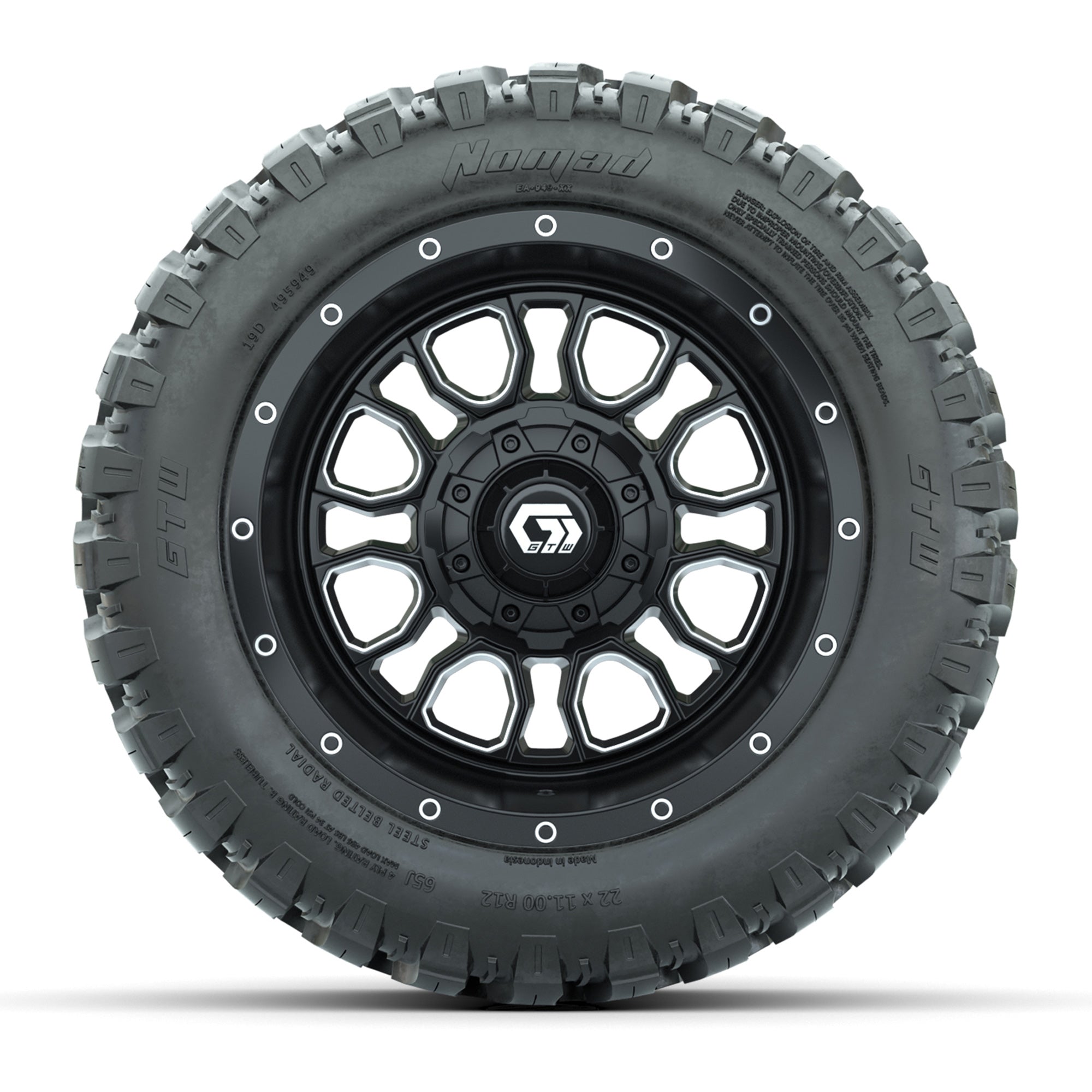 Set of (4) 12 in GTW® Volt Machined & Black Wheels with 22x11-R12 Nomad All-Terrain Tires
