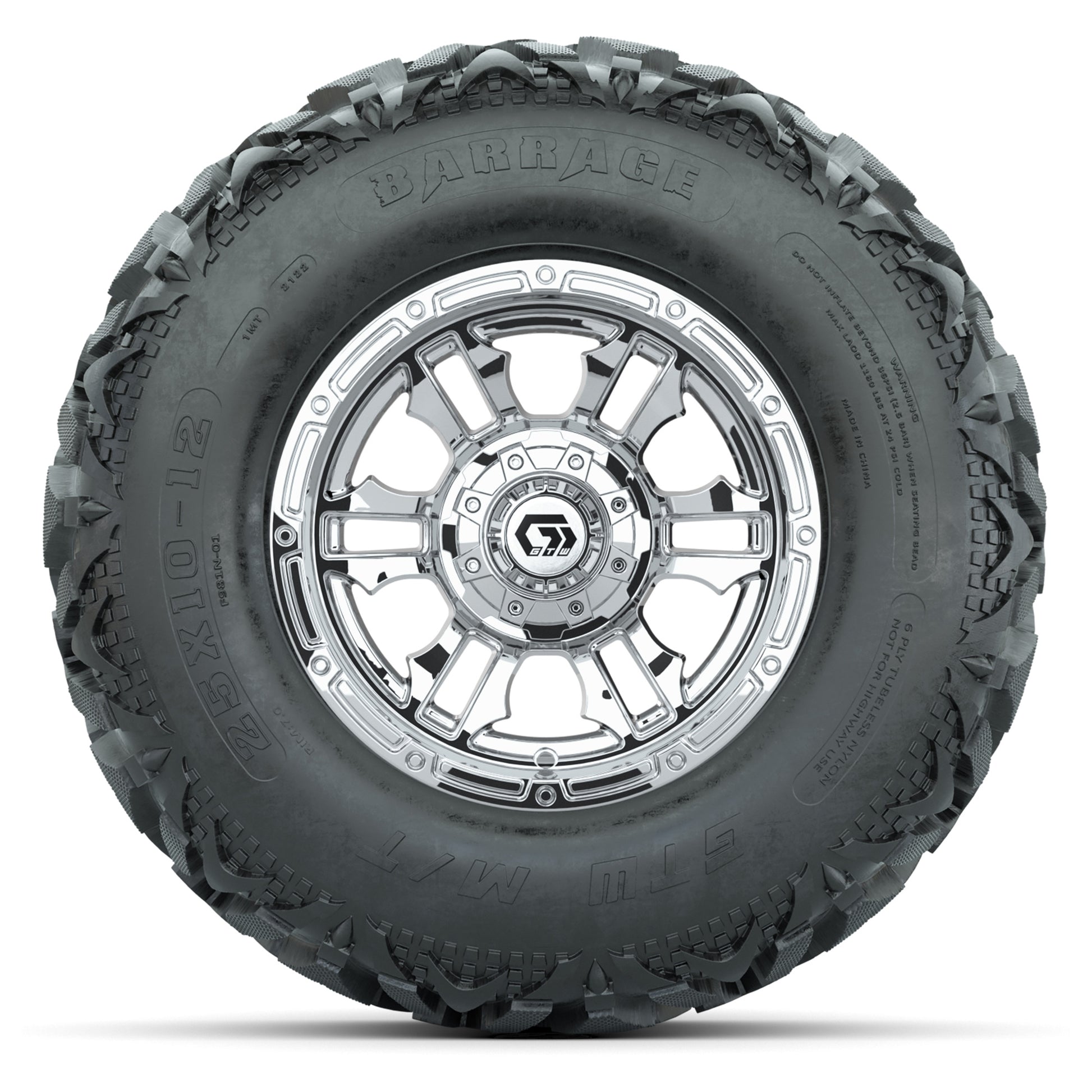 GTW® Shogun Chrome 12 in Wheels with 25X10-12 Barrage Mud Tires – Full Set