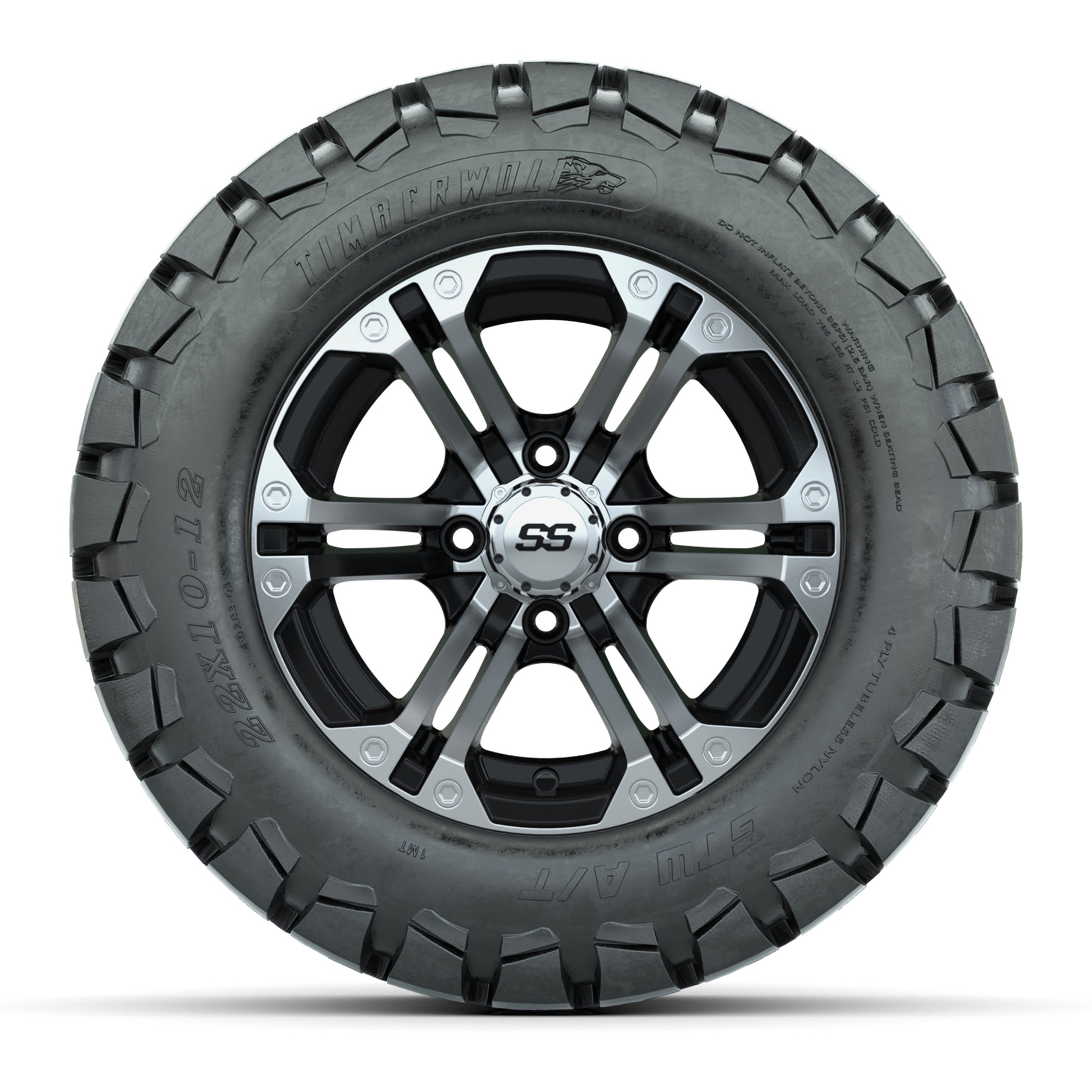 12 inch Specter Black/Machined Lifted Golf Cart Wheels on 22 inch Trail Tires-Set of 4