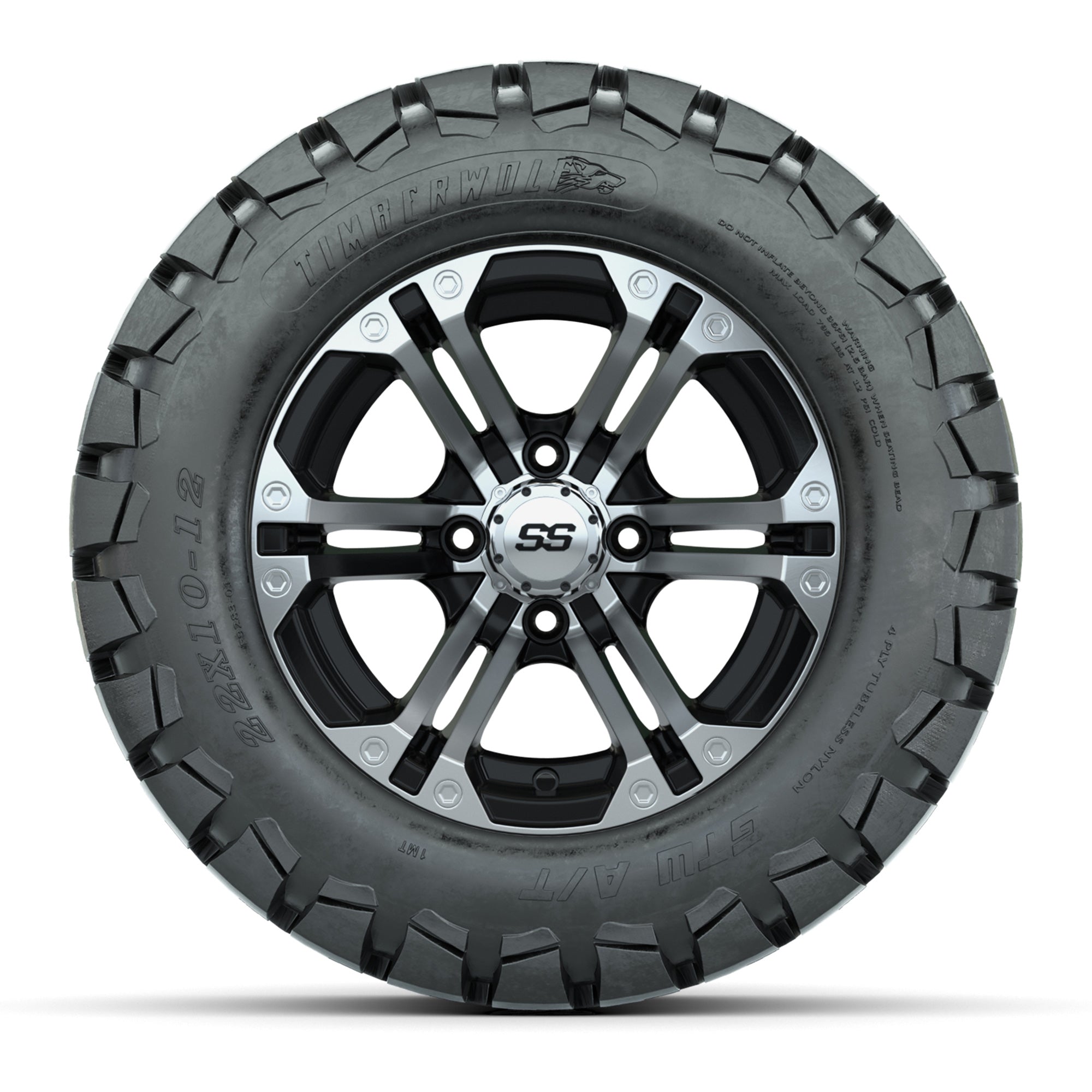 12 inch Specter Black/Machined Lifted Golf Cart Wheels on 22 inch Trail Tires-Set of 4
