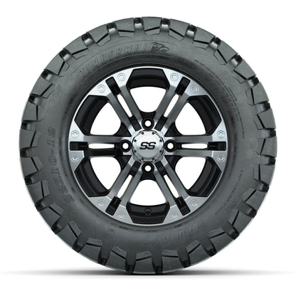 12 inch Specter Black/Machined Lifted Golf Cart Wheels on 22 inch Trail Tires-Set of 4