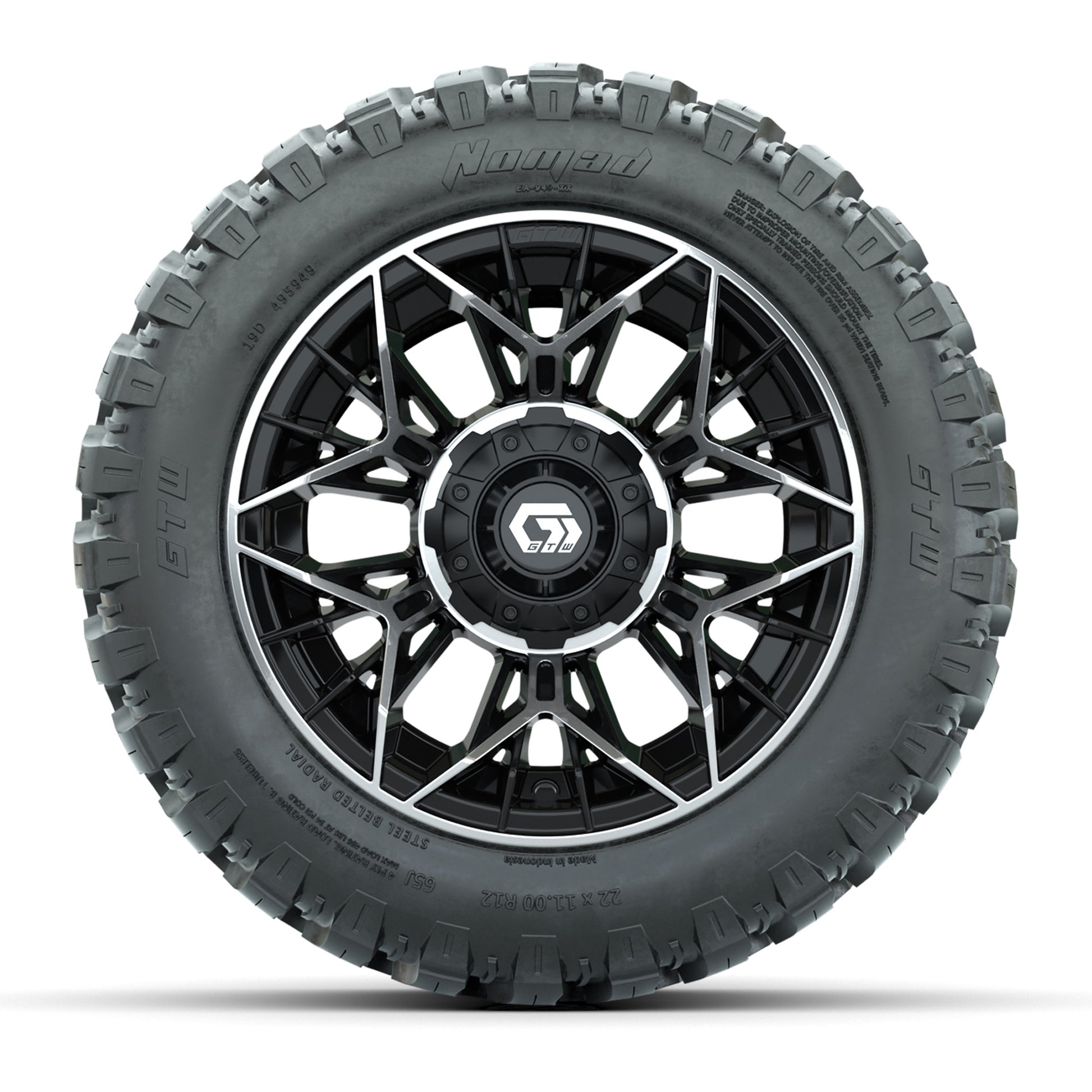 Set of (4) 12 in GTW® Stellar Machined & Black Wheels with 22x11-R12 Nomad All-Terrain Tires
