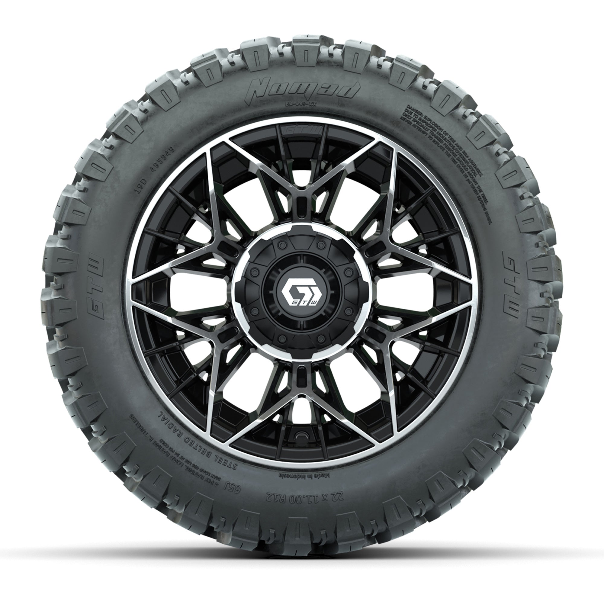 Set of (4) 12 in GTW® Stellar Machined & Black Wheels with 22x11-R12 Nomad All-Terrain Tires