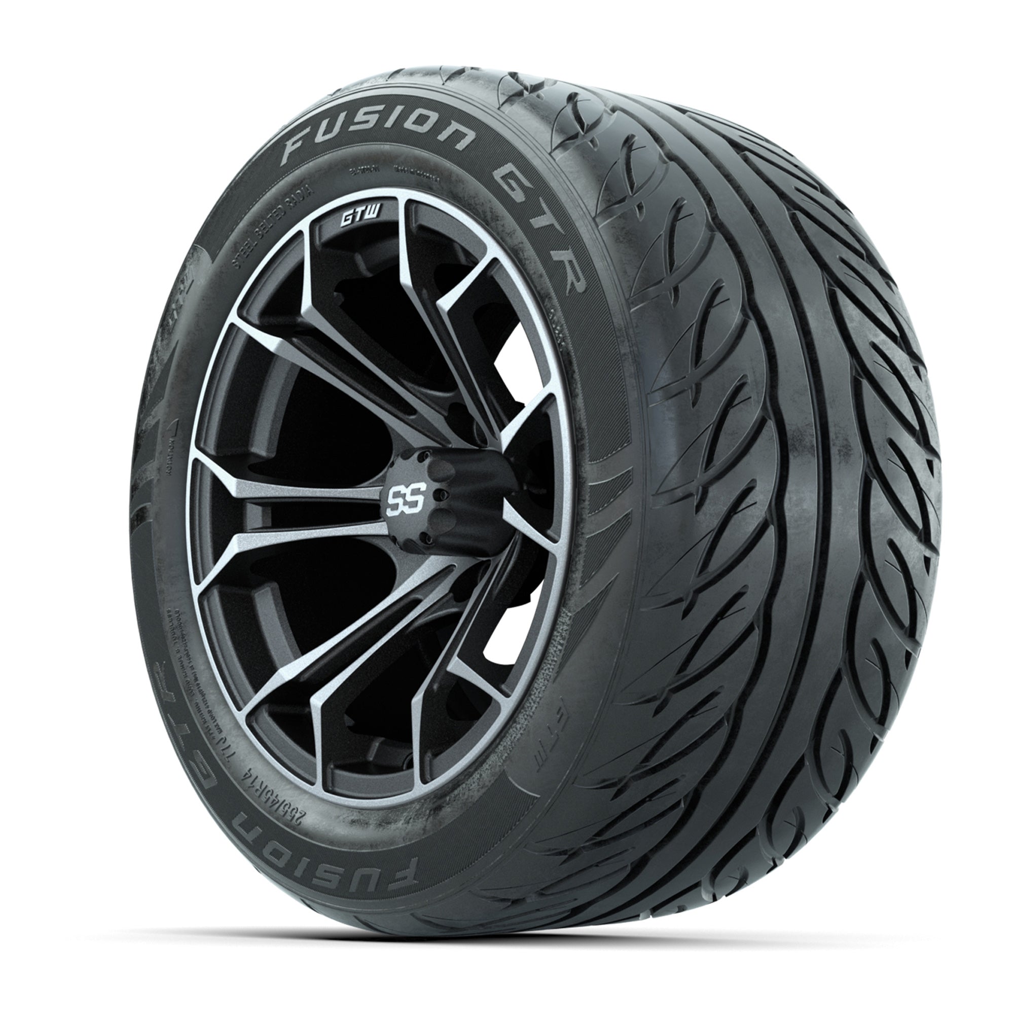 GTW® Spyder Matte Gray/Machined 14 in Wheels with 255/45-R14 - 3/4 view
