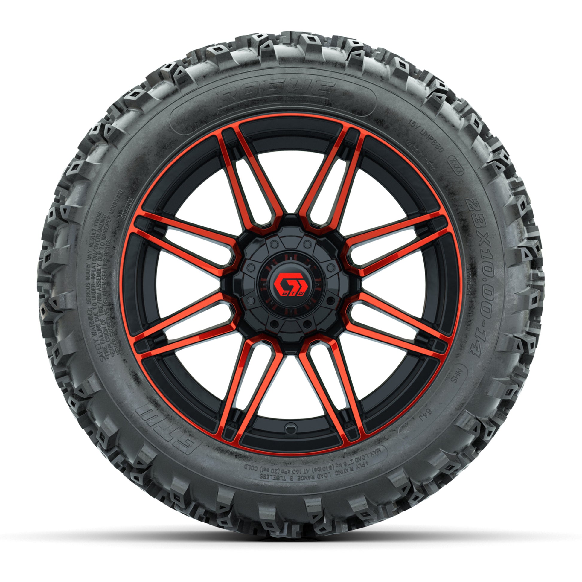 GTW® Stealth Red/Machined 14 in Wheels with 23X10-14 Rogue A - front view