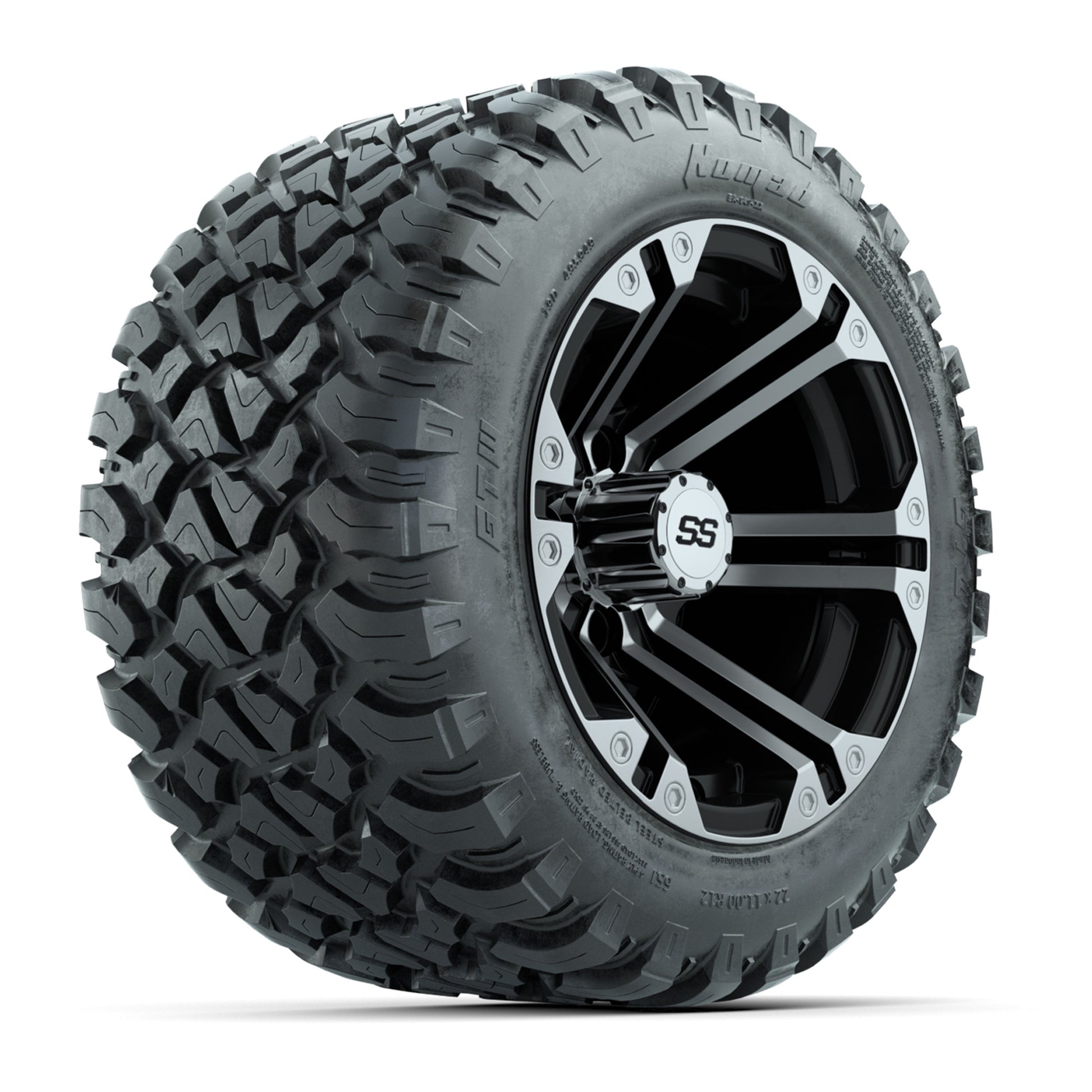GTW® Specter Black/Machined 12 in Wheels with 22X11-R12 Nomad Steel Belt Radial All-Terrain Tires – Full Set