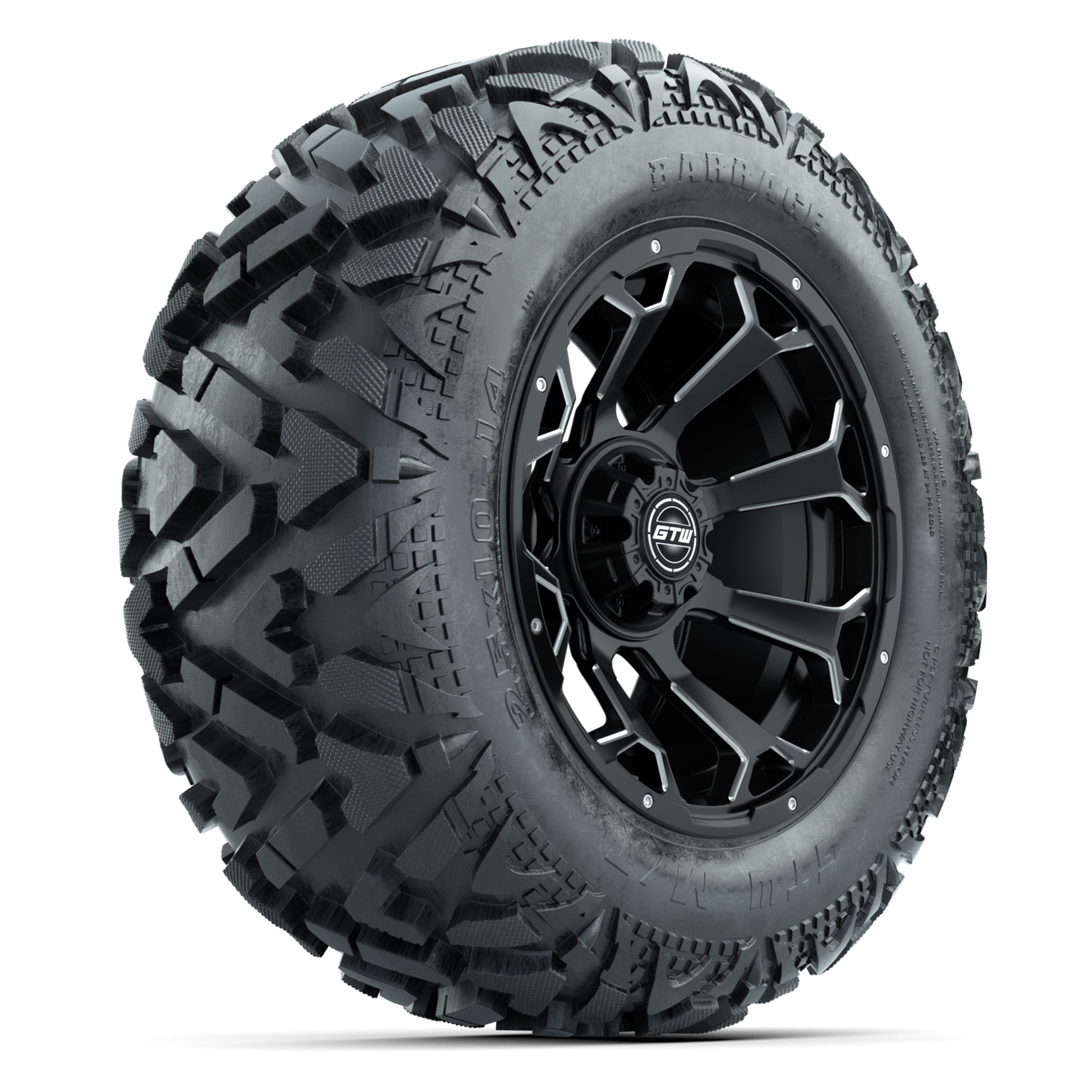 GTW Raven Matte Black/Ball Mill 14 in Wheels with 25x10-14 Barrage Mud Tires – Full Set