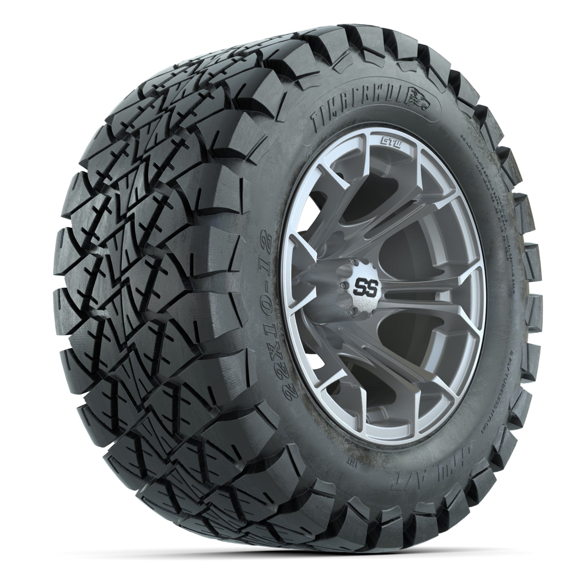 GTW® Spyder Silver Brush 12 in Wheels with 22X10-12 Timberwolf All-Terrain Tires – Full Set