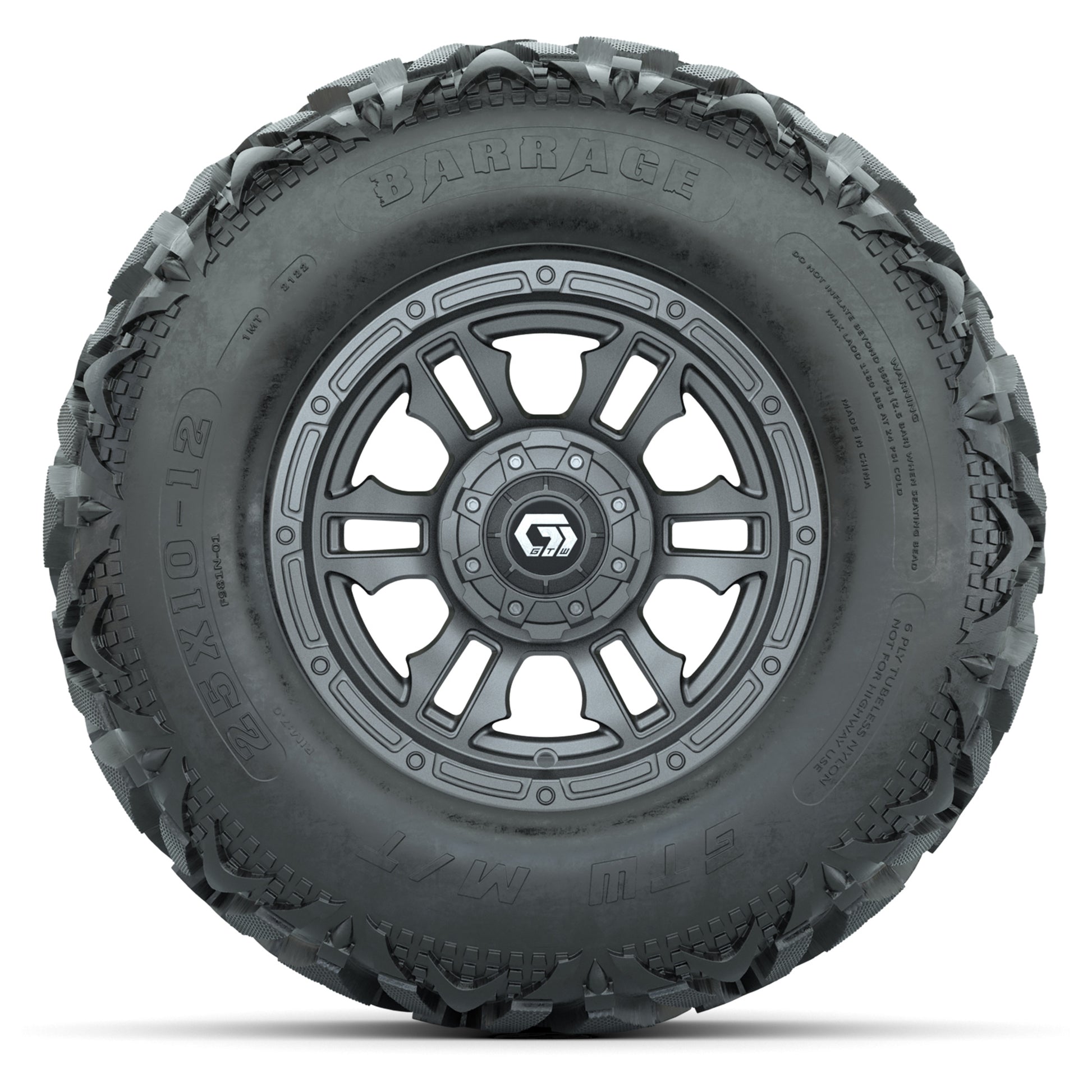 GTW® Shogun Gunmetal 12 in Wheels with 25X10-12 Barrage Mud Tires – Full Set