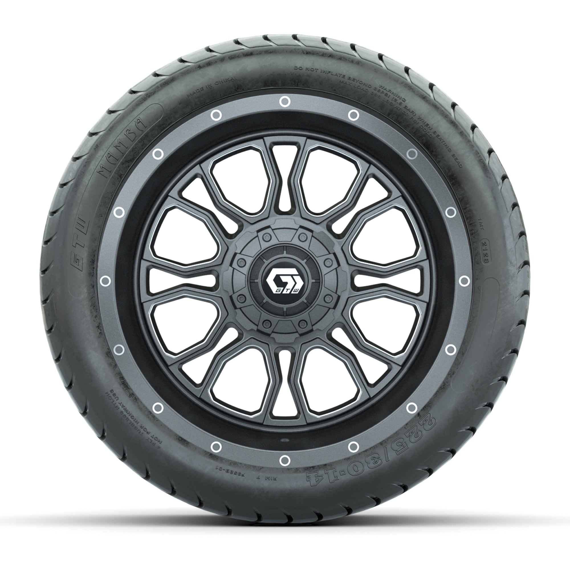 GTW Volt Gunmetal/Machined 14 in Wheels with 225/30-14 Mamba - 3/4 view