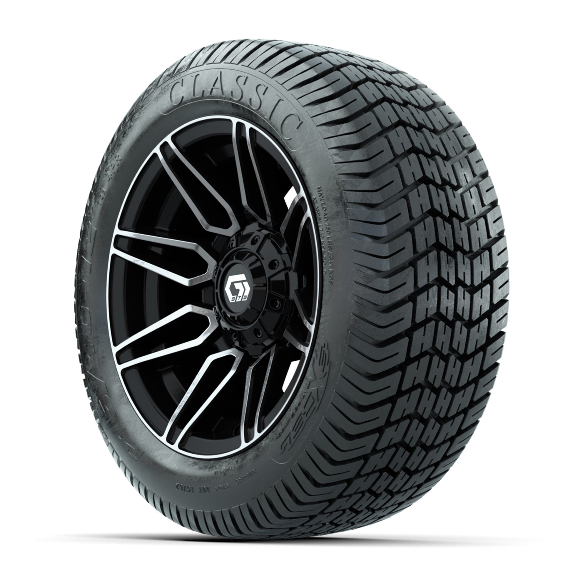 GTW® Stealth Black/Machined 12 in Wheels with 255/50-12 Excel Classic Street Tires – Full Set