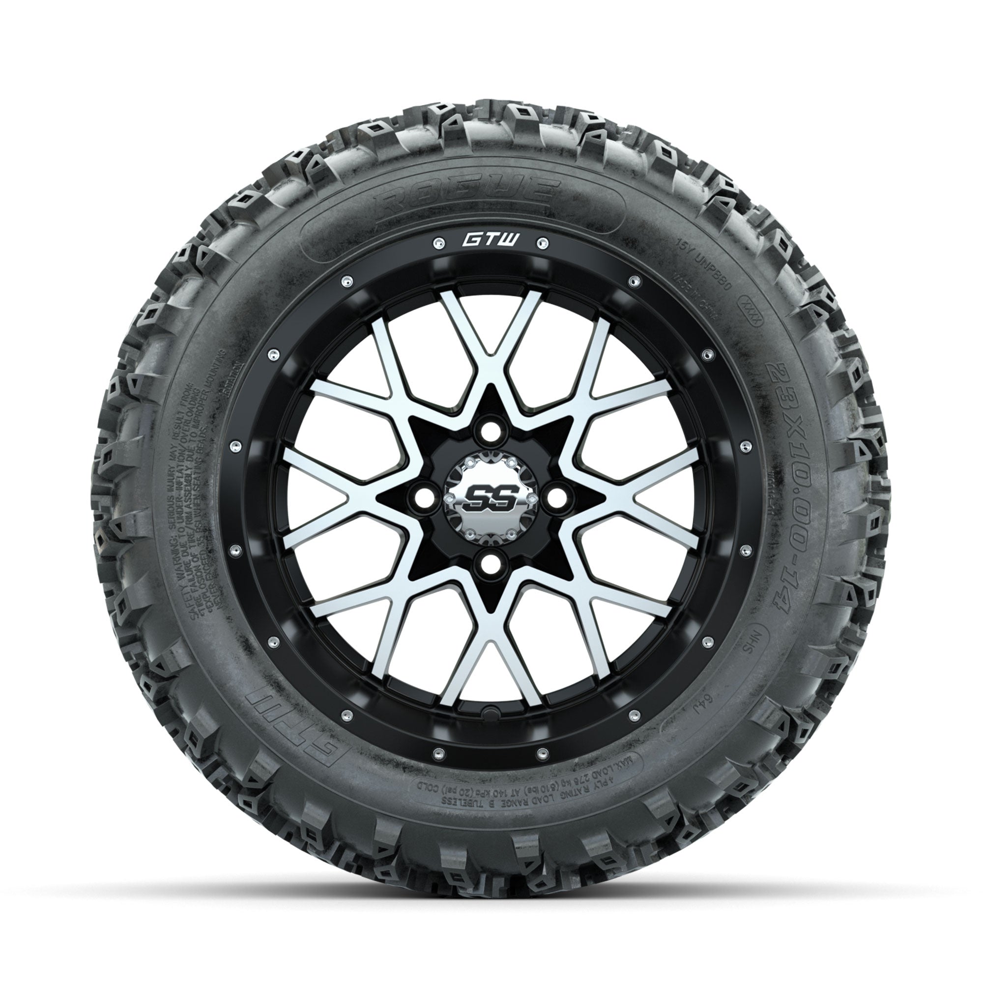 GTW Vortex Machined/Matte Black 14 in Wheels with 23x10.00-1 - 3/4 view