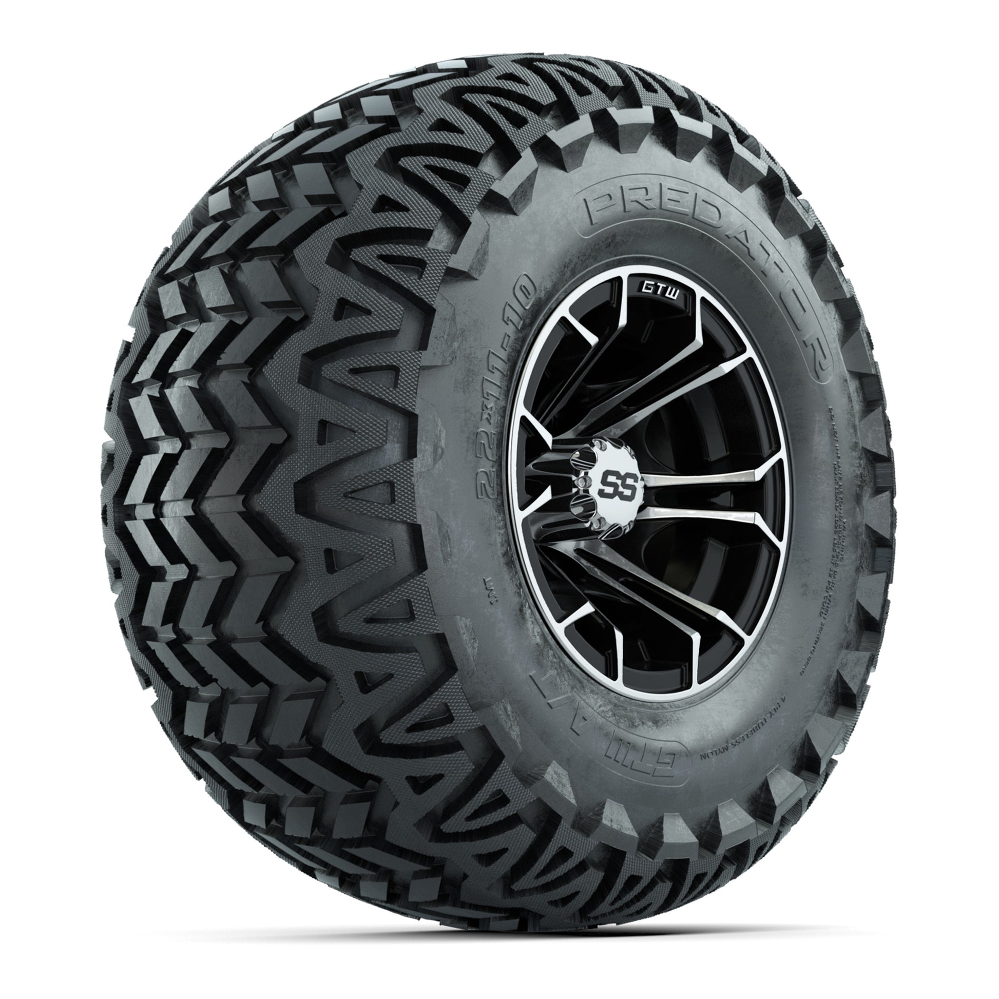 GTW Spyder Machined/Black 10 in Wheels with 22x11-10 Predator All Terrain Tires – Full Set