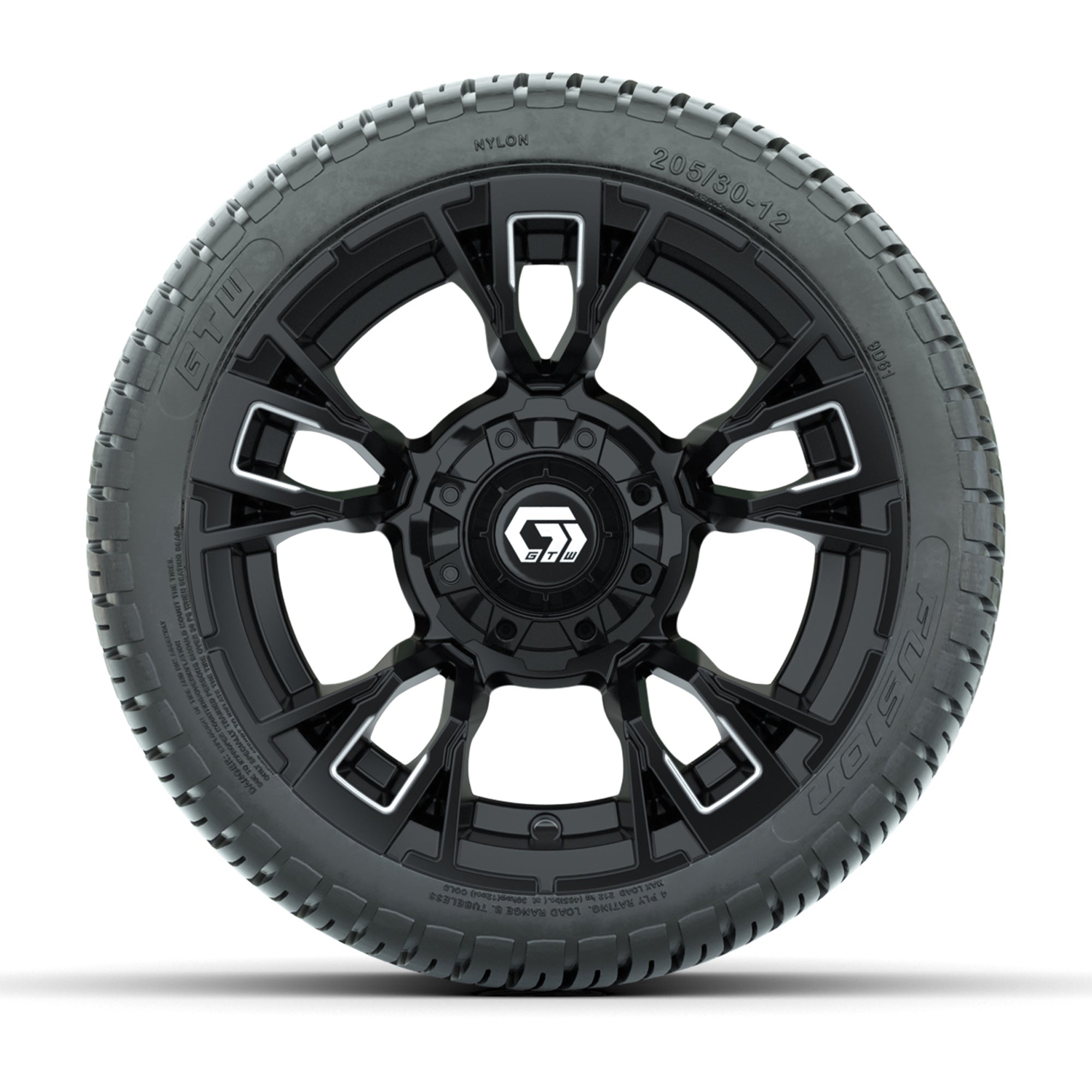 GTW® Vandal Matte Black/Machined 12 in Wheels with 205/30-12 Fusion Street Tires – Full Set