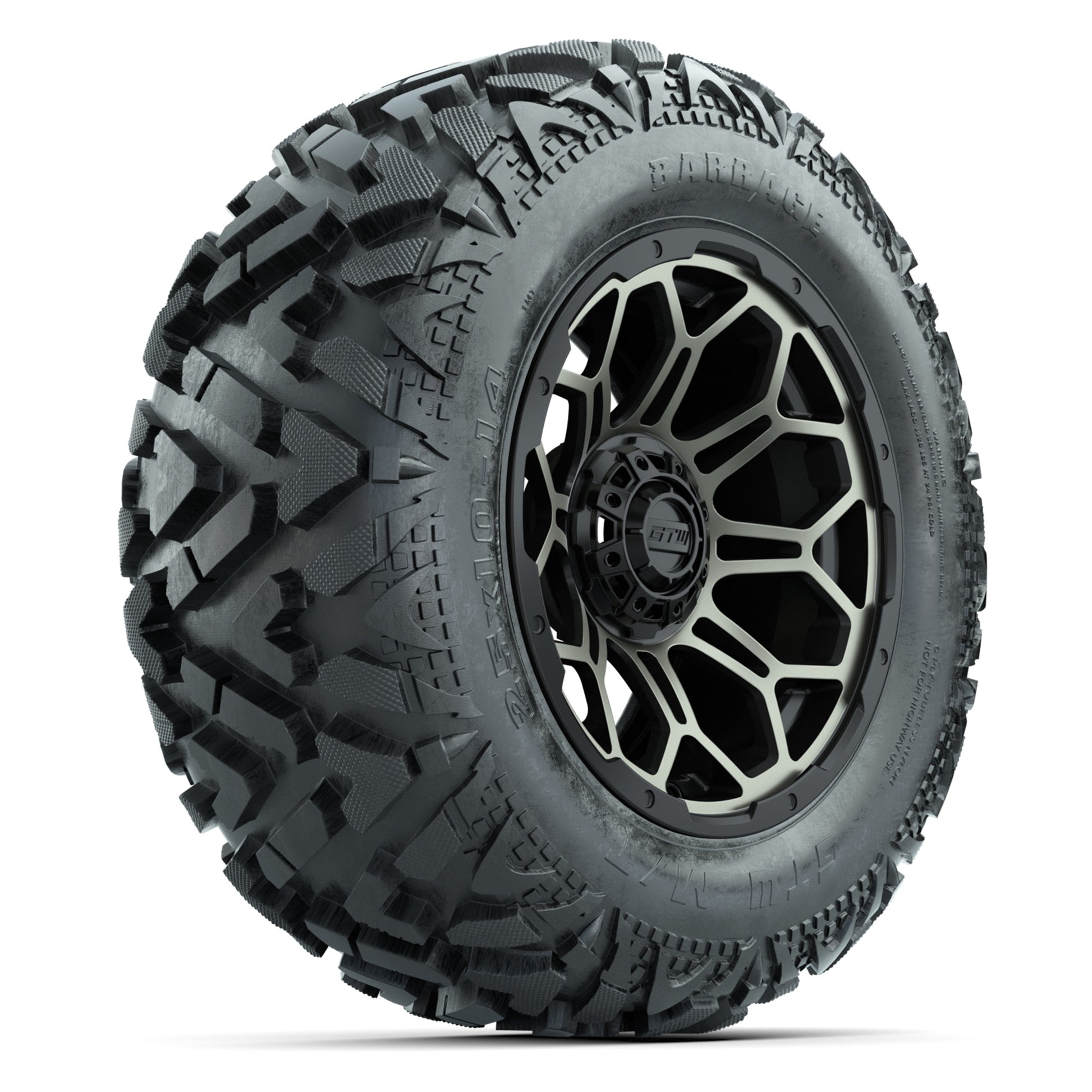 GTW Bravo Black/Bronze Tint 14 in Wheels with 25x10-14 Barrage Mud Tires – Full Set