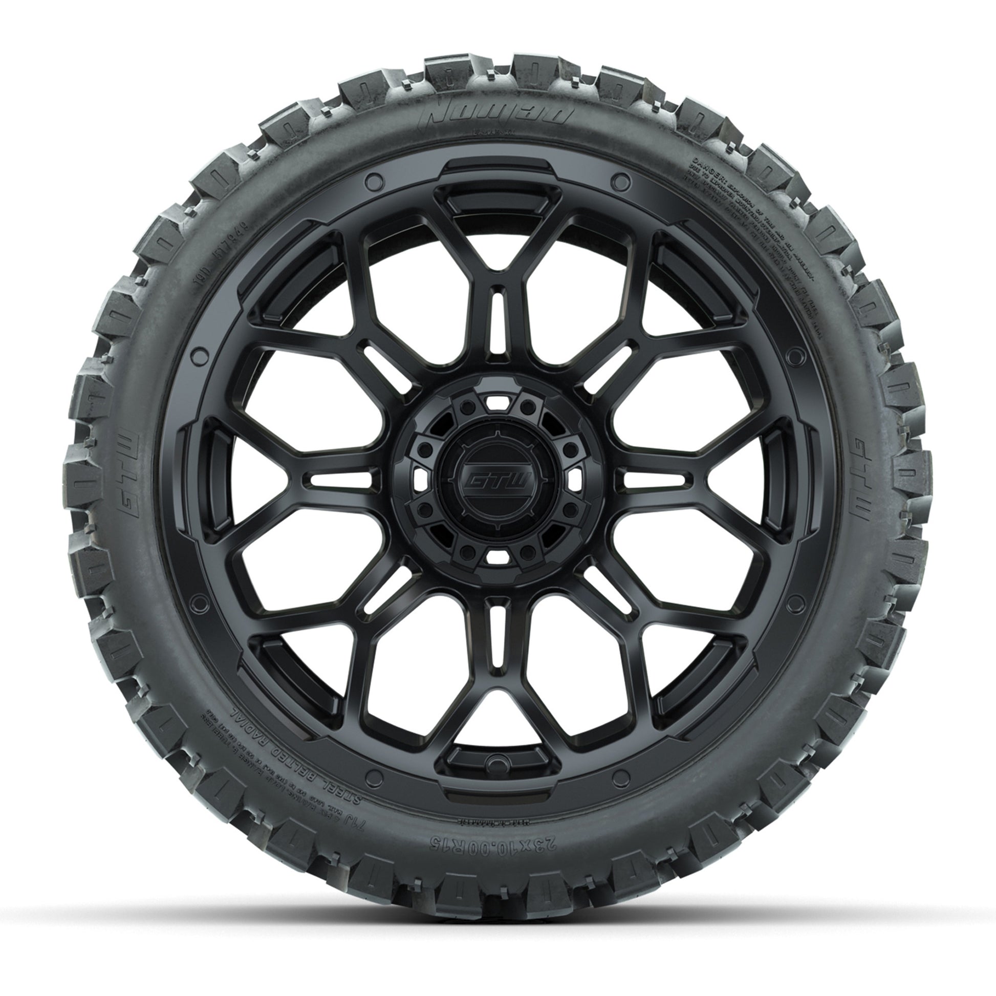 Set of (4) 15″ GTW Bravo Matte Black Wheels with 23x10-R15 Nomad All-Terrain Tires