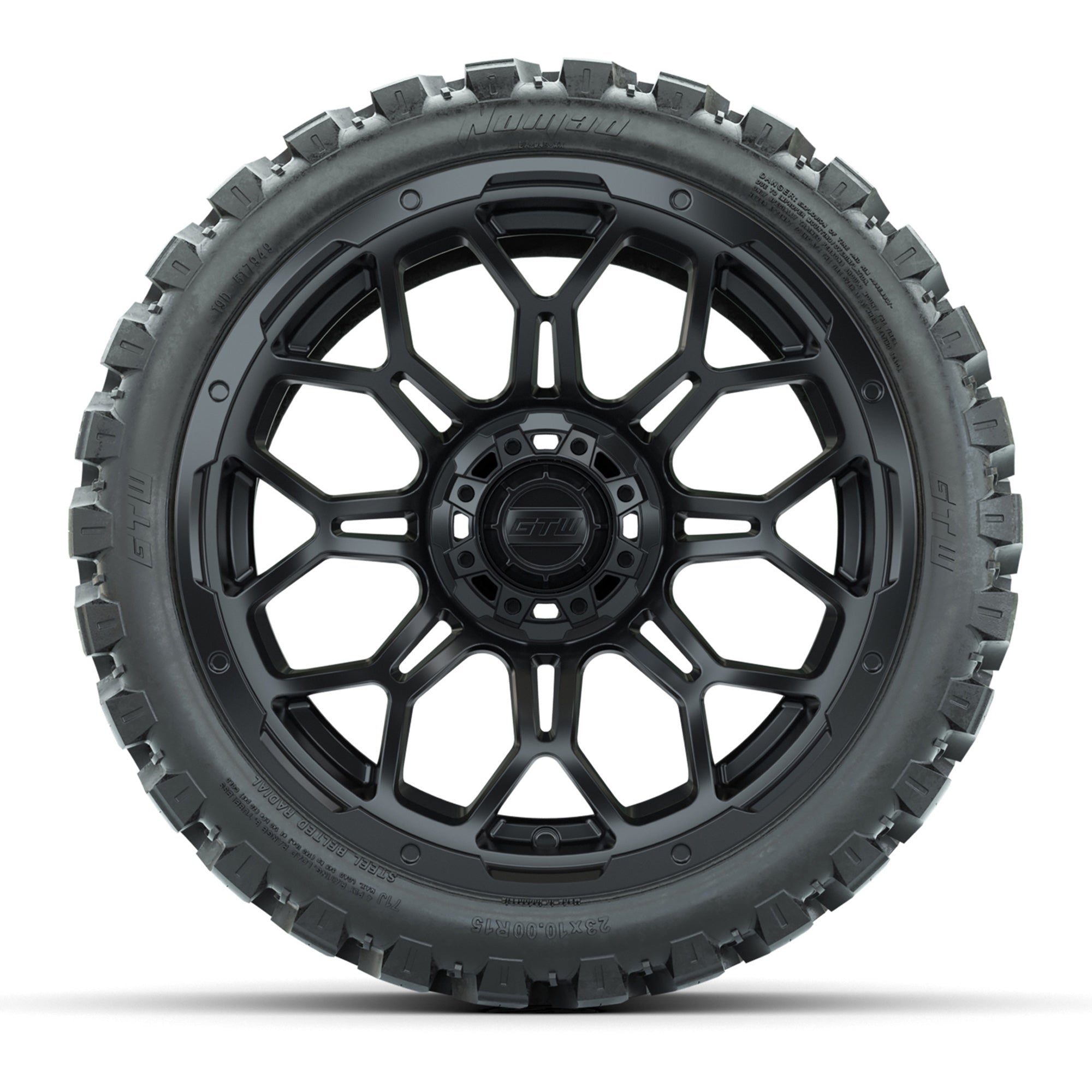 Set of (4) 15″ GTW Bravo Matte Black Wheels with 23x10-R15 Nomad All-Terrain Tires