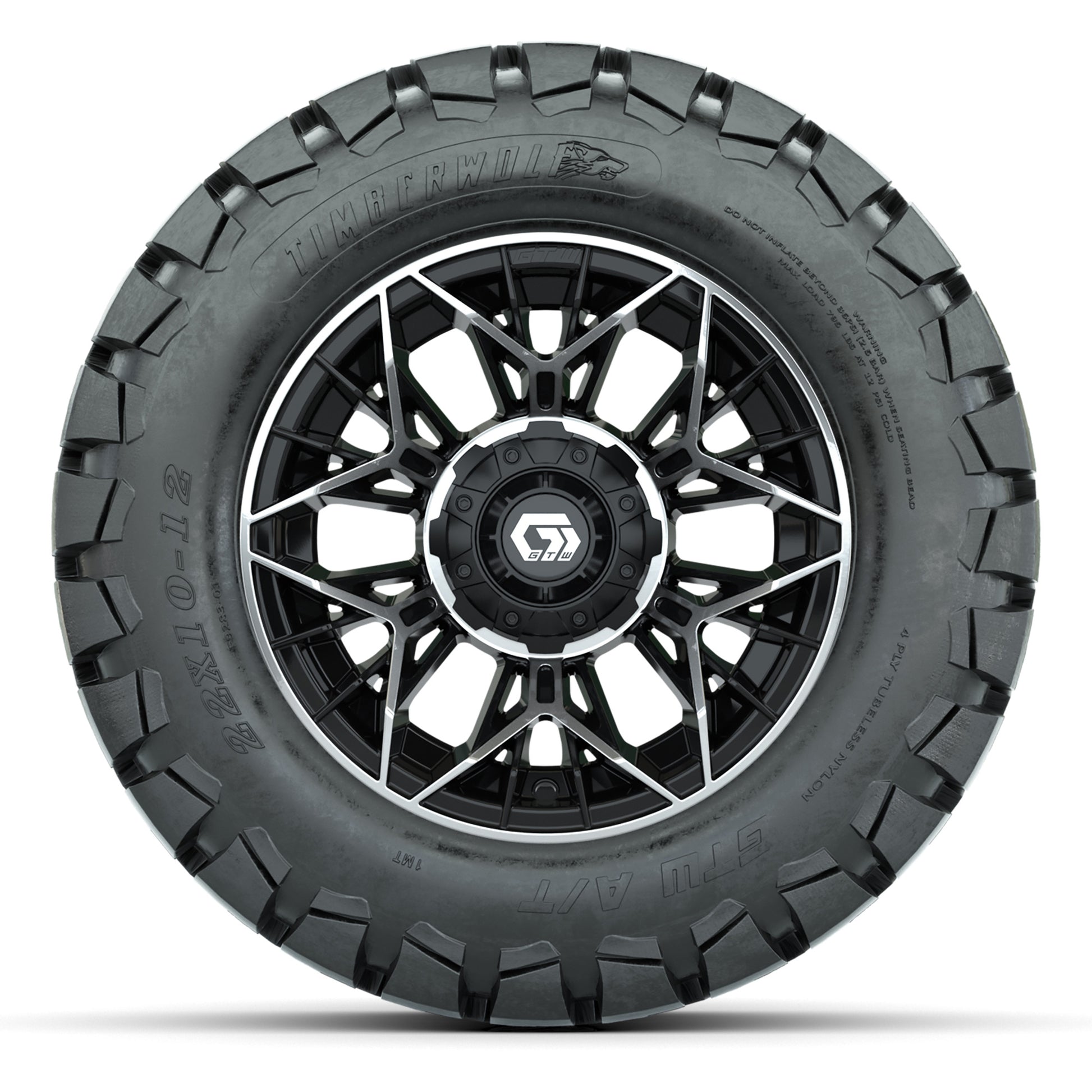 GTW® Stellar Black/Machined 12 in Wheels with 22X10-12 Timberwolf All-Terrain Tires – Full Set