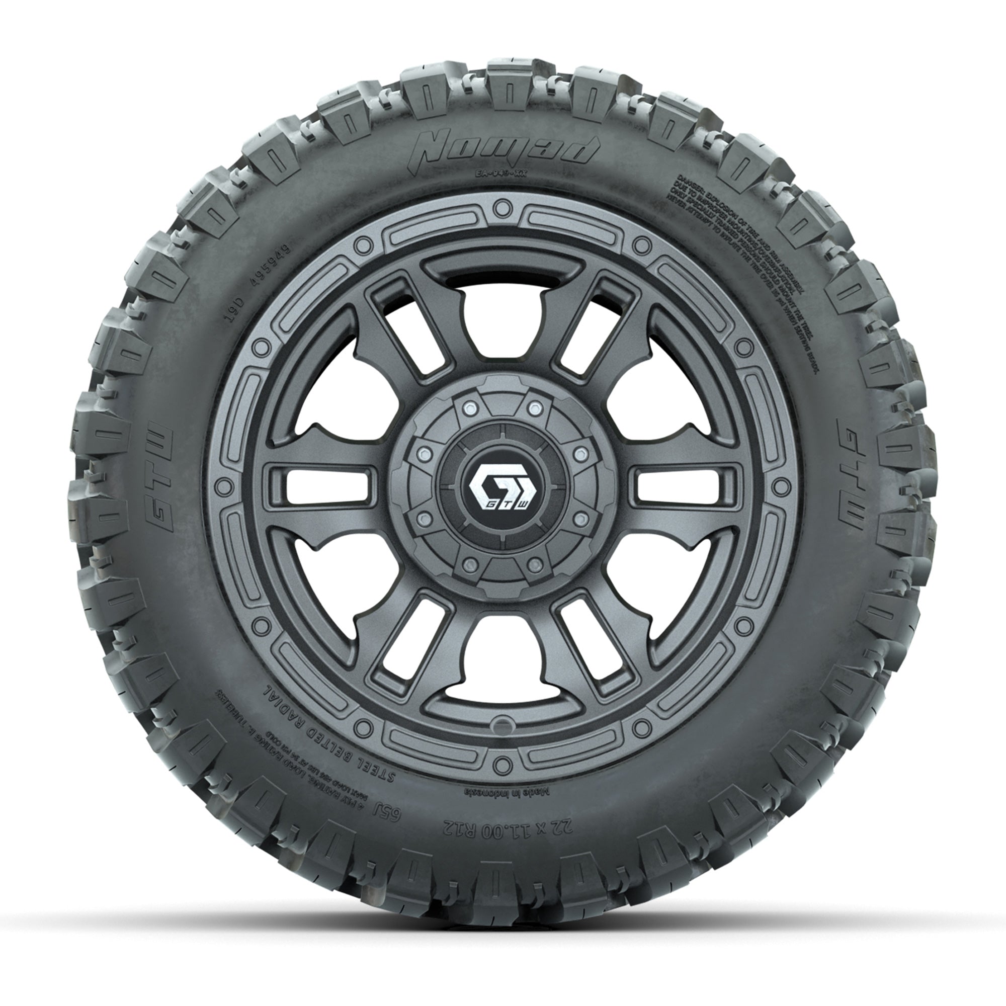 GTW® Shogun Gunmetal 12 in Wheels with 22X11-R12 Nomad Steel Belt Radial All-Terrain Tires – Full Set