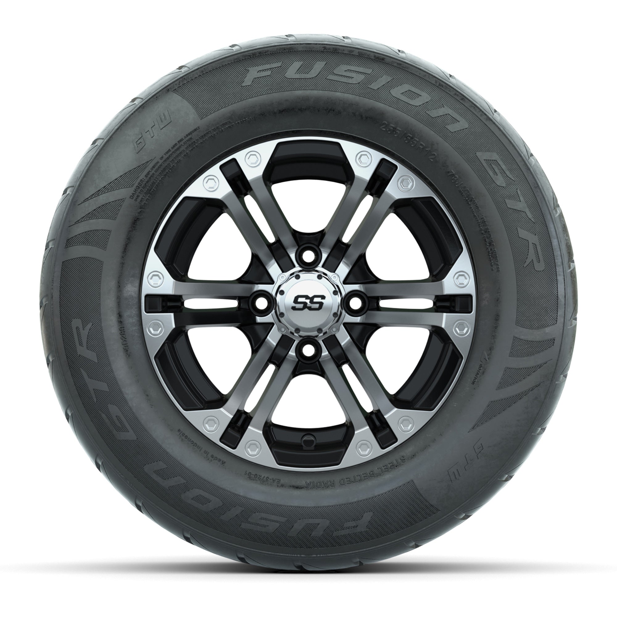 GTW® Specter Black/Machined 12 in Wheels with 255/55-R12 Fusion GTR Steel Belt Radial Street Tires – Full Set