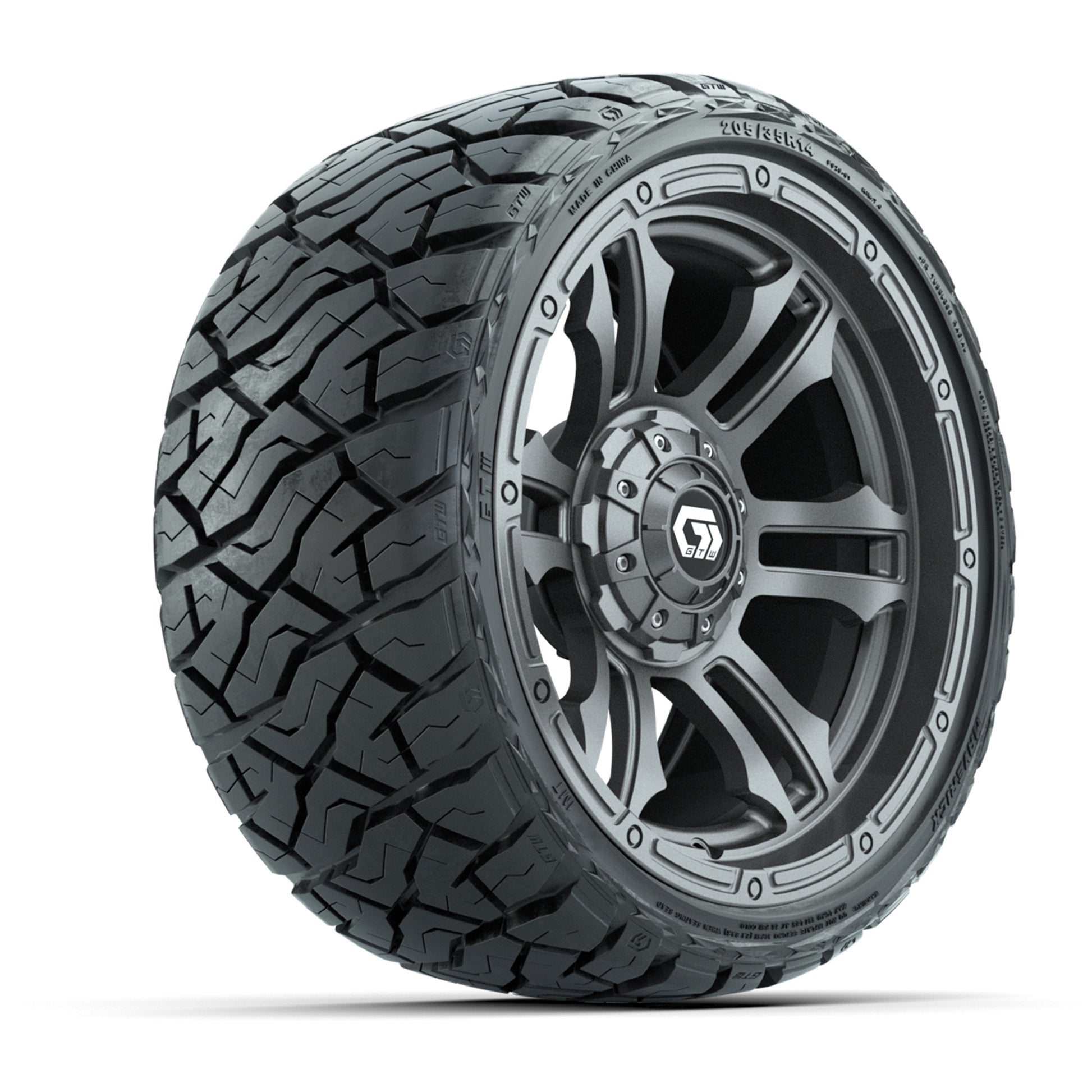 GTW Shogun Gloss Gunmetal 14 in Wheels with 205/35-R14 Maverick Low-Profile All-Terrain Tires – Full Set